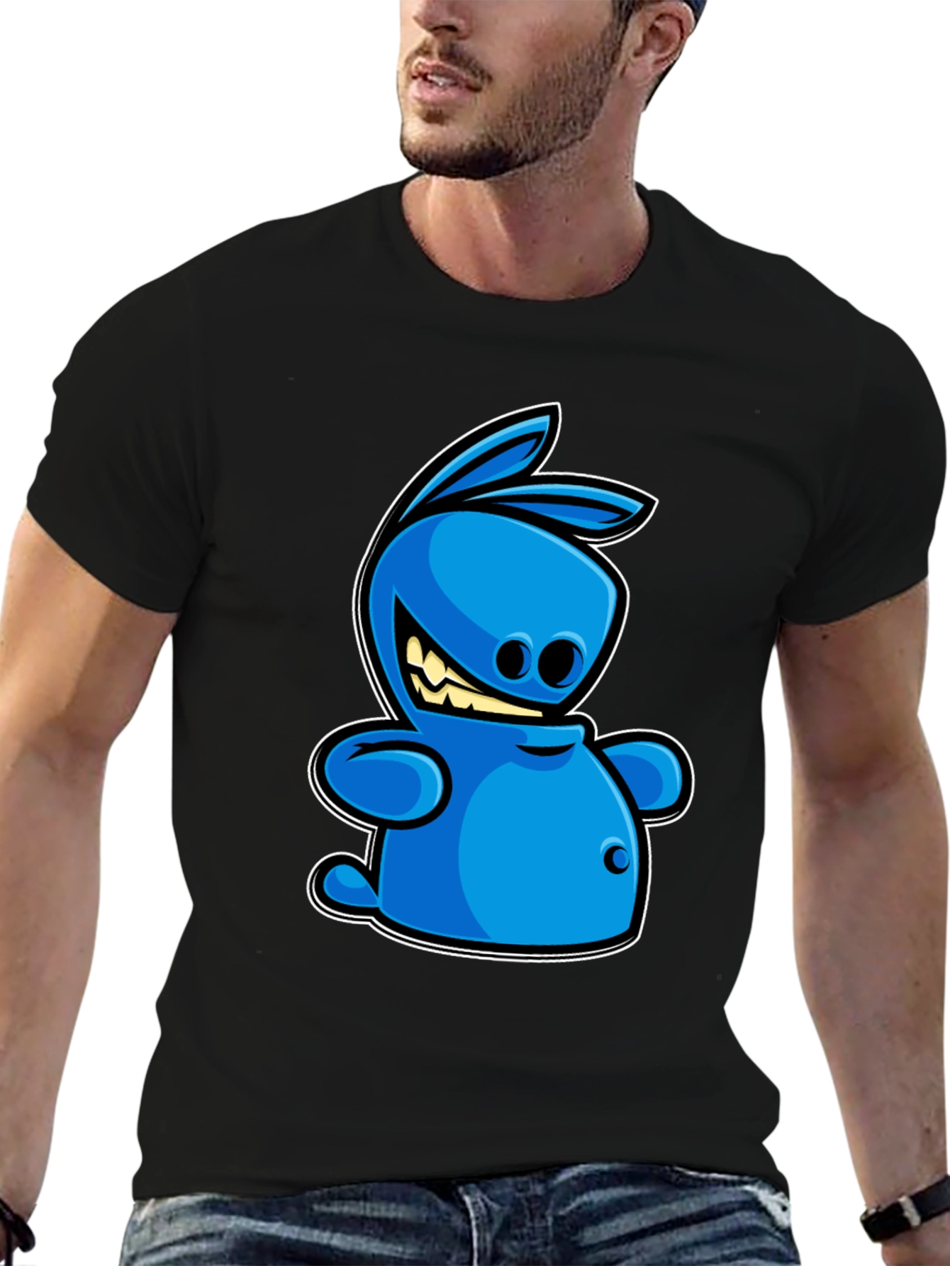 Blue Cartoon Rabbit Graphic Tee - Black