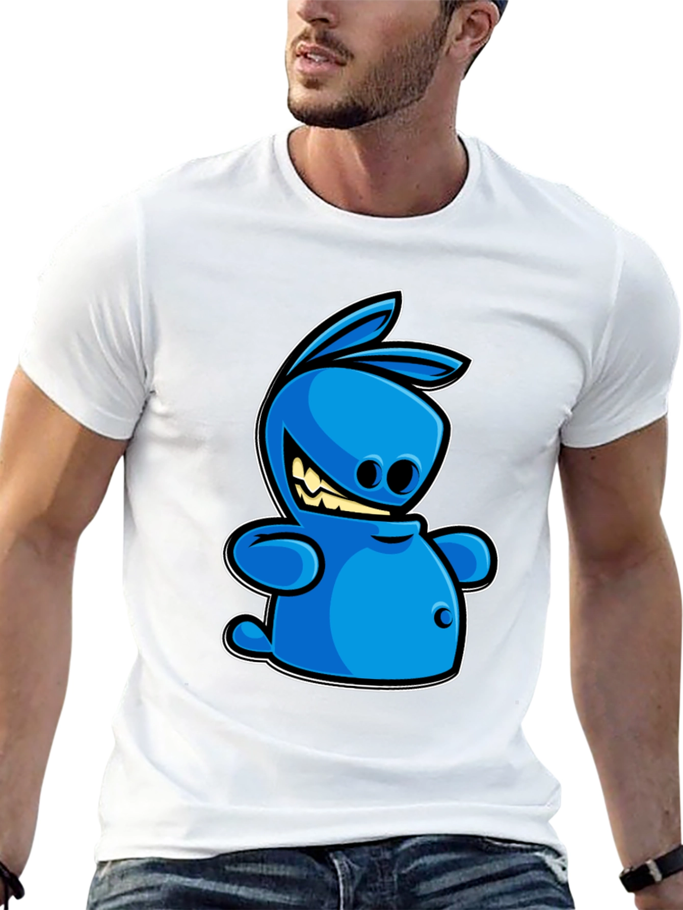Blue Cartoon Rabbit Graphic Tee - Black