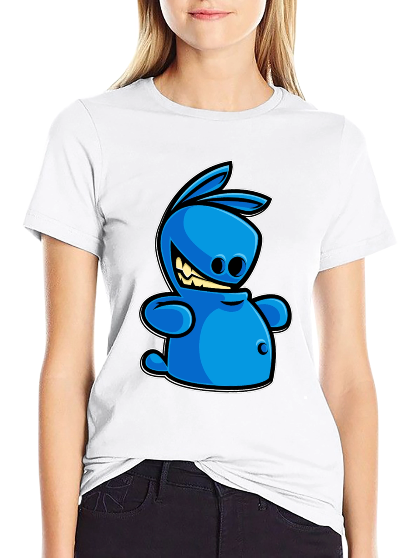 Blue Cartoon Rabbit Graphic Tee - Black