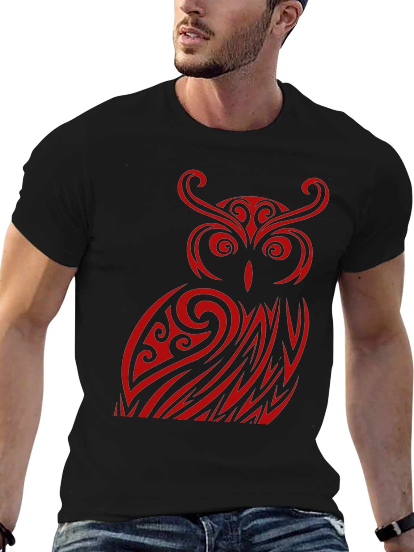 Owl Tribal Design Black T-Shirt
