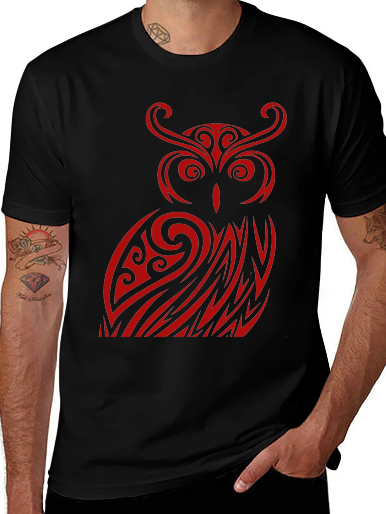 Owl Tribal Design Black T-Shirt