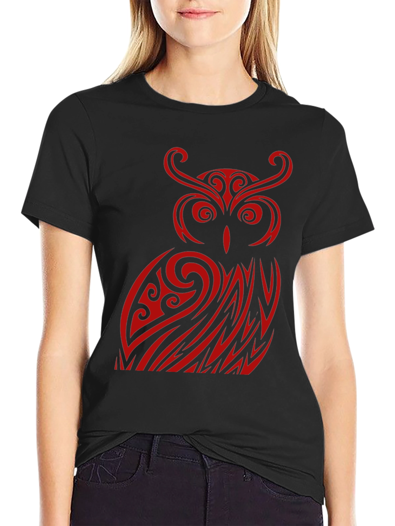 Owl Tribal Design Black T-Shirt