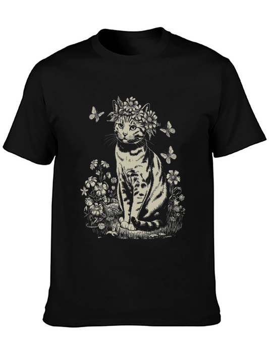 Floral Crown Cat Graphic Tee - Unisex Black T-Shirt