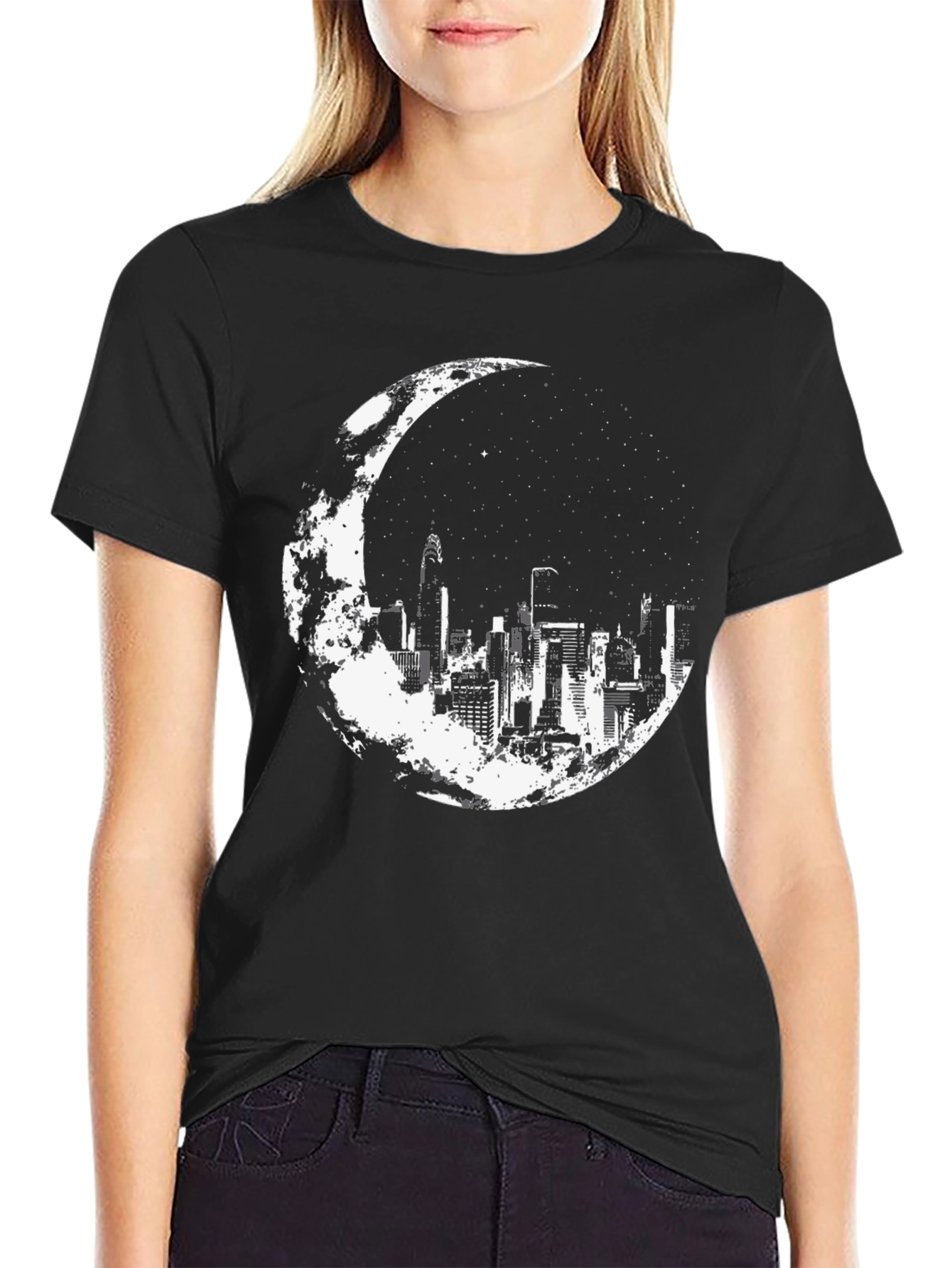 City Moon Graphic Tee - Stylish Black Cotton T-Shirt