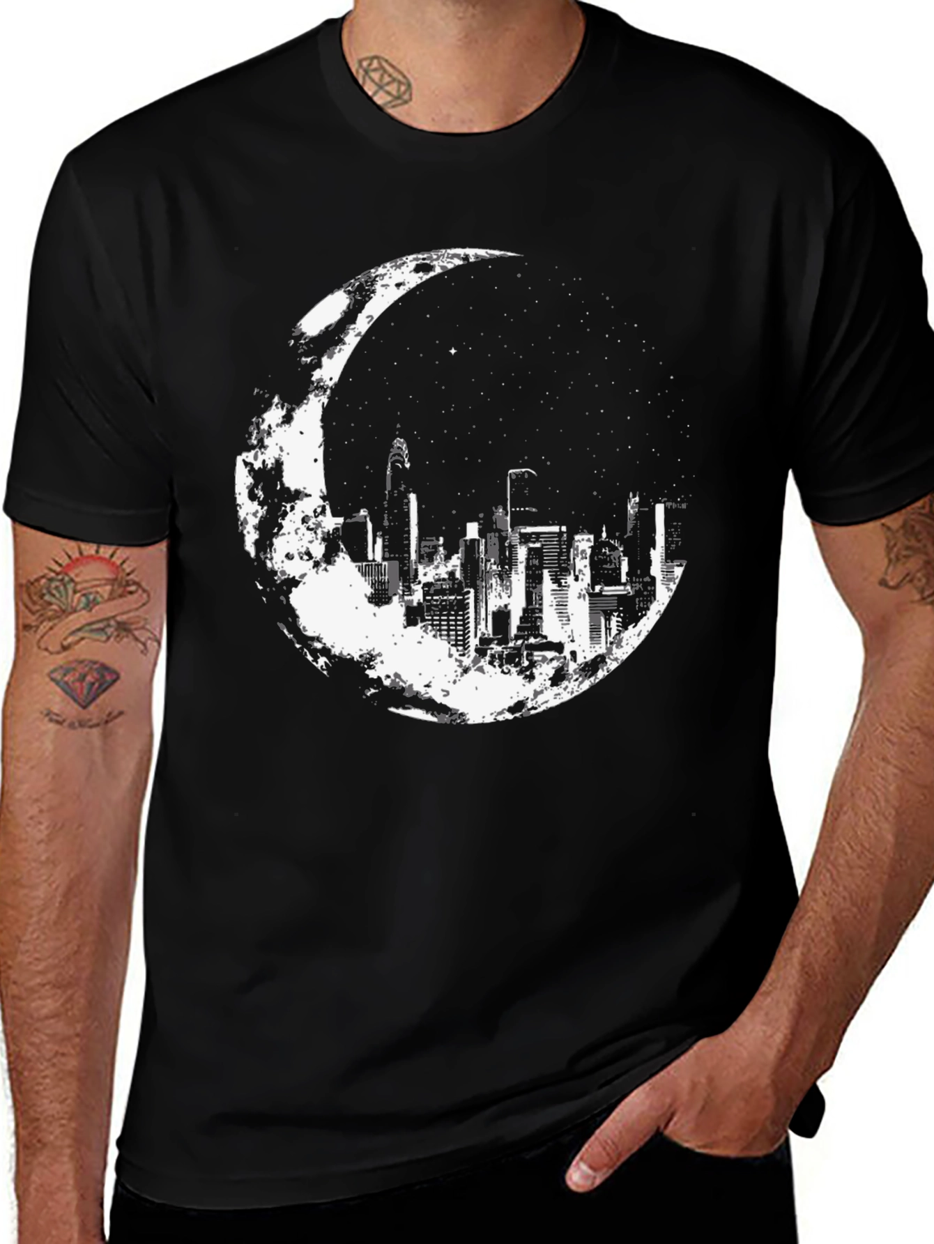 City Moon Graphic Tee - Stylish Black Cotton T-Shirt