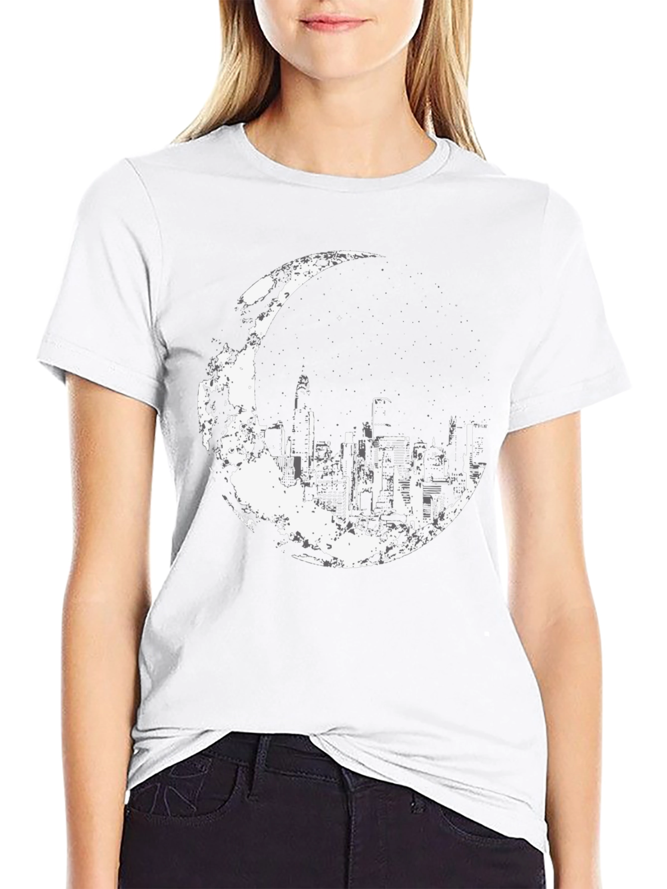 City Moon Graphic Tee - Stylish Black Cotton T-Shirt