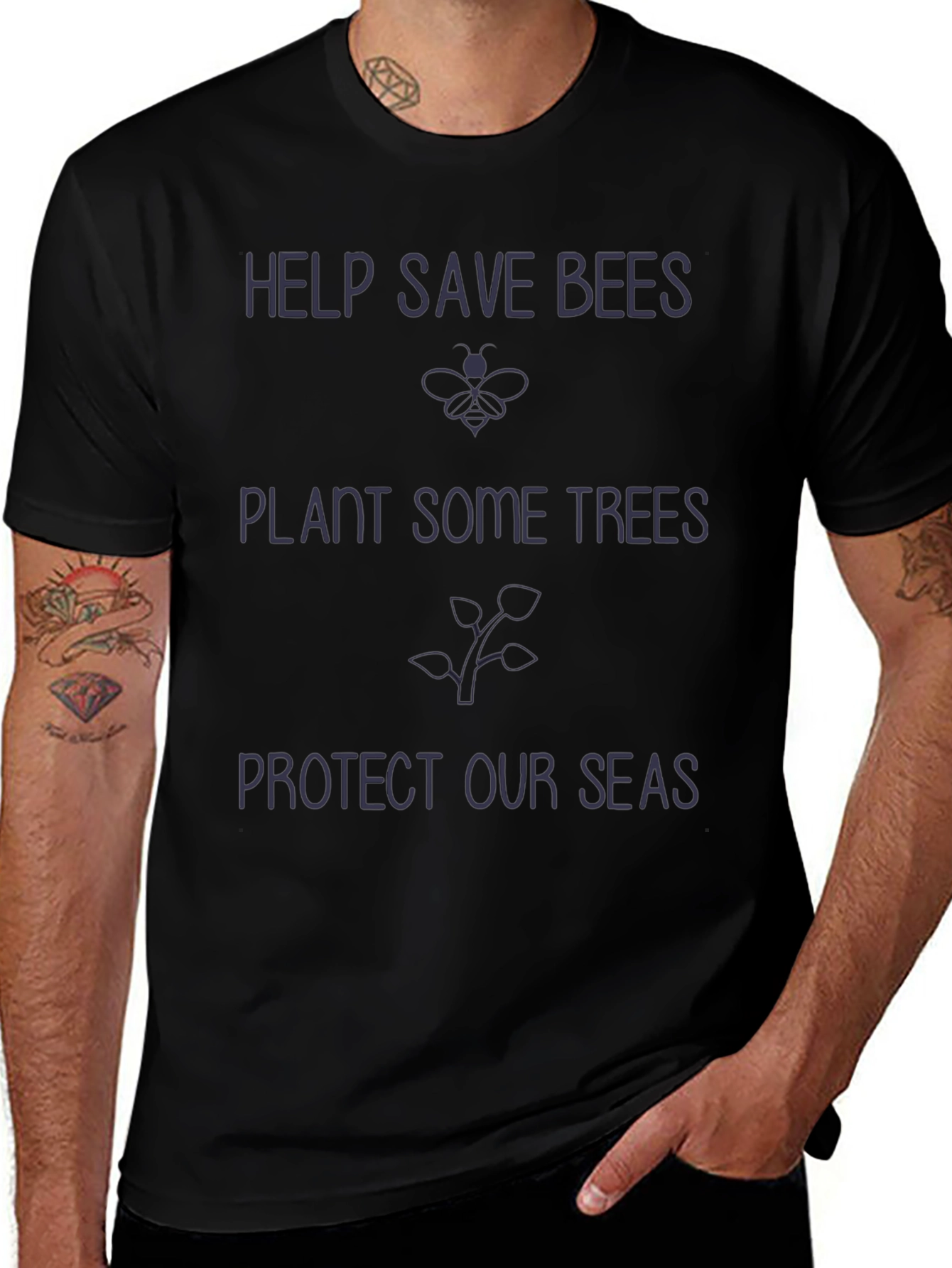 Eco-Friendly Black Graphic Tee - Save Bees Plant Trees