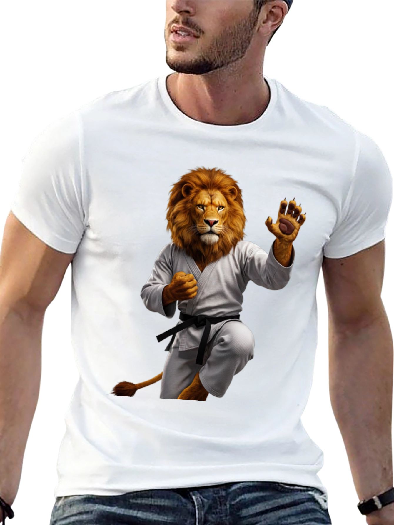 Karate Lion Graphic T-Shirt - Black Unique Animal Design