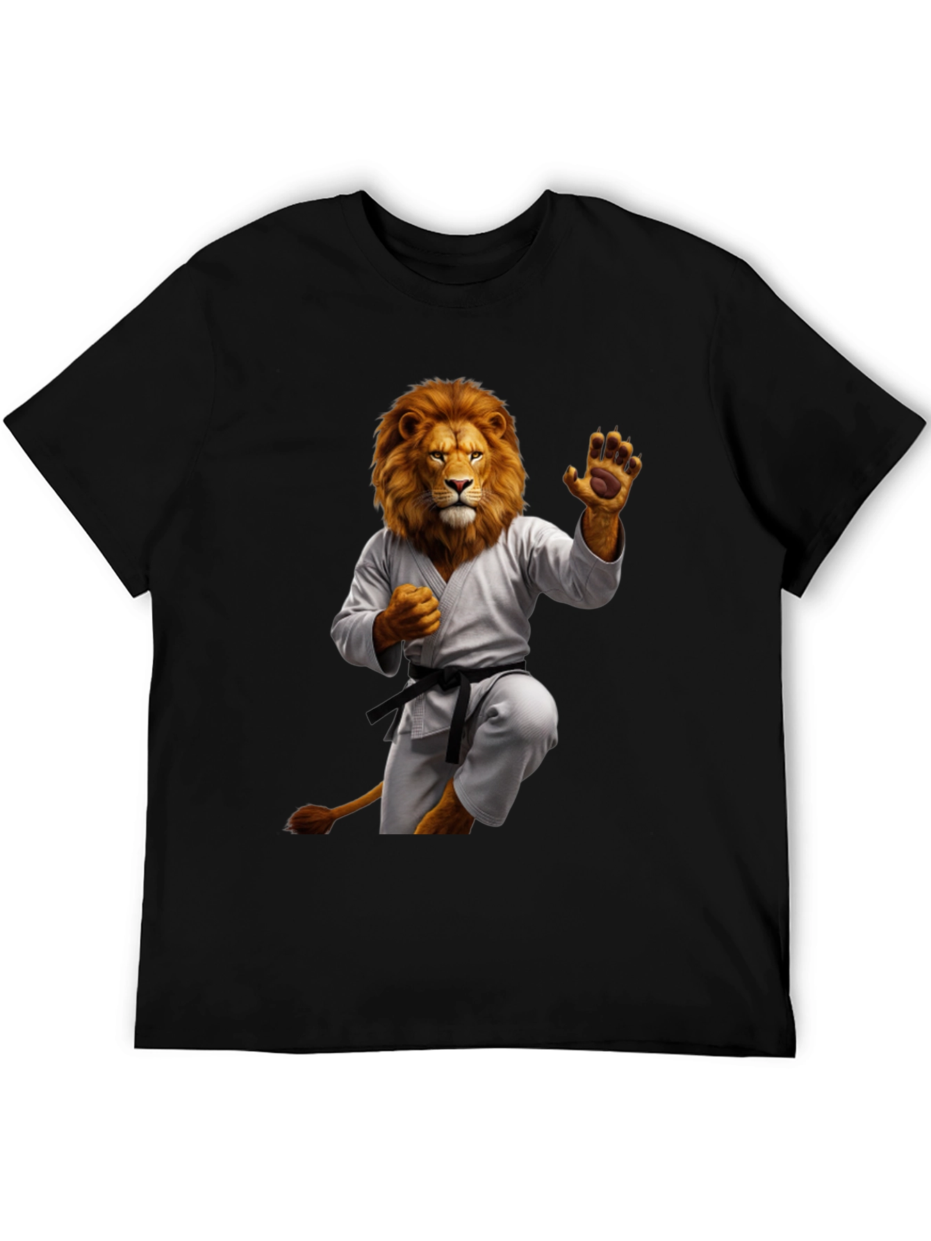 Karate Lion Graphic T-Shirt - Black Unique Animal Design