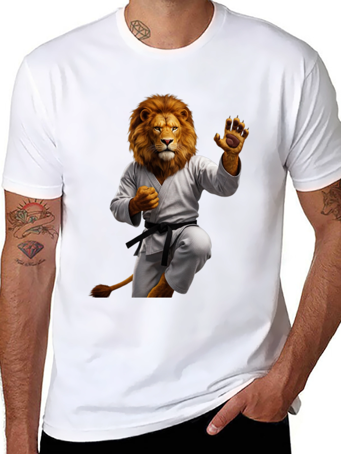 Karate Lion Graphic T-Shirt - Black Unique Animal Design