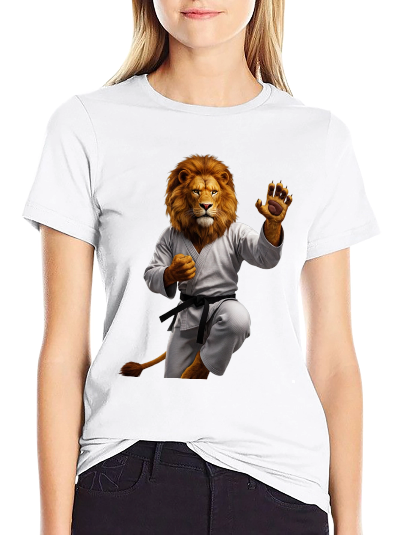 Karate Lion Graphic T-Shirt - Black Unique Animal Design