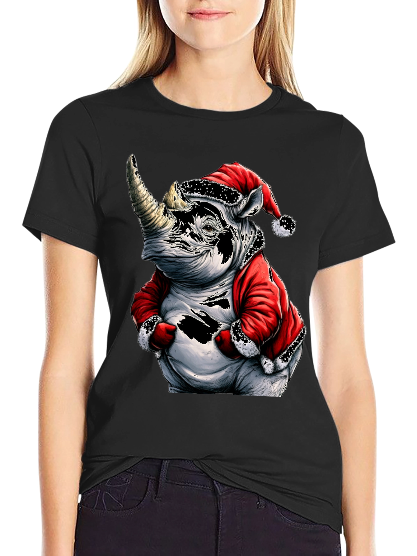 Santa Rhino T-Shirt - Holiday Animal Tee
