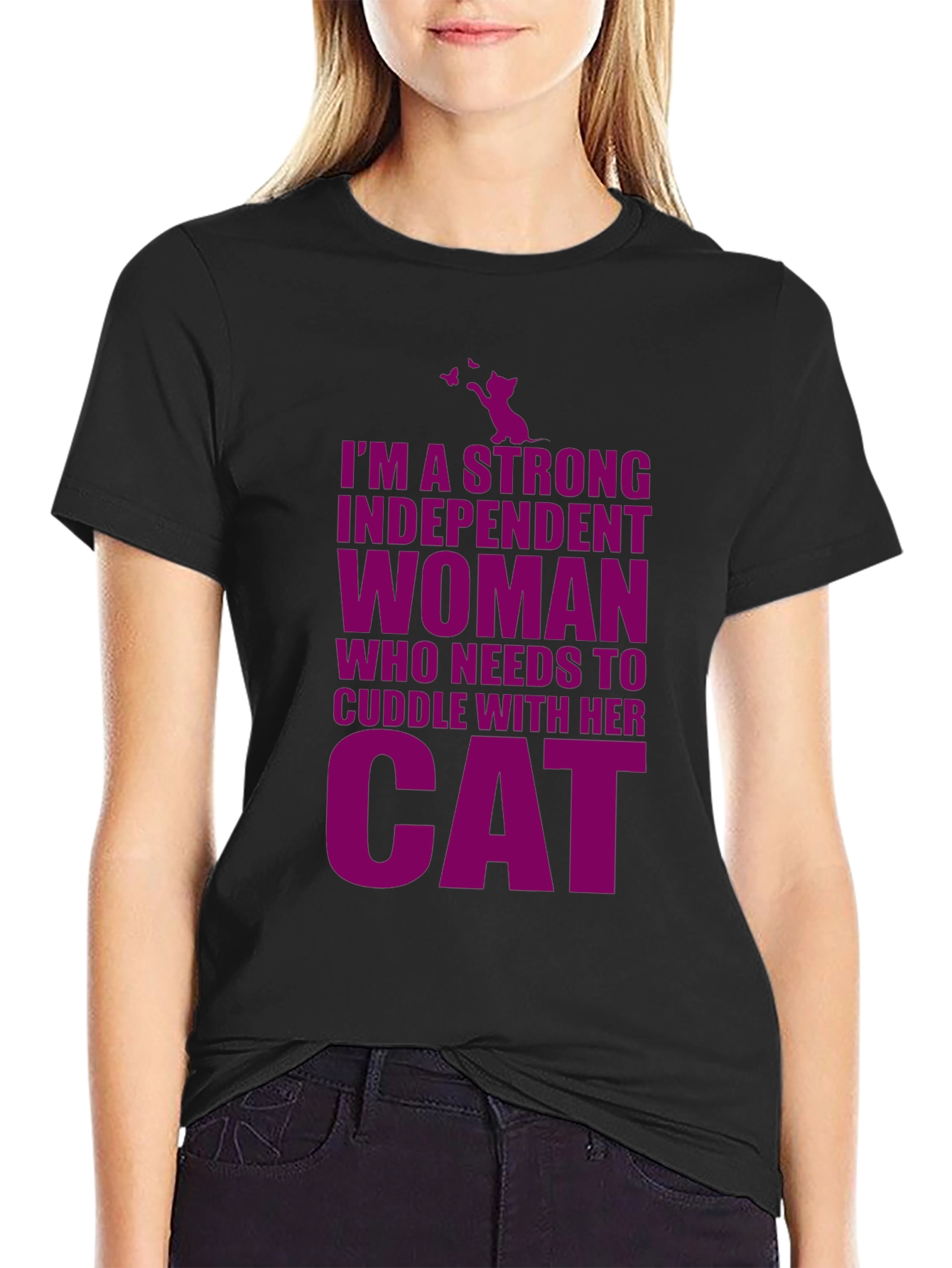 Strong Independent Woman Cat Lover Black T-Shirt