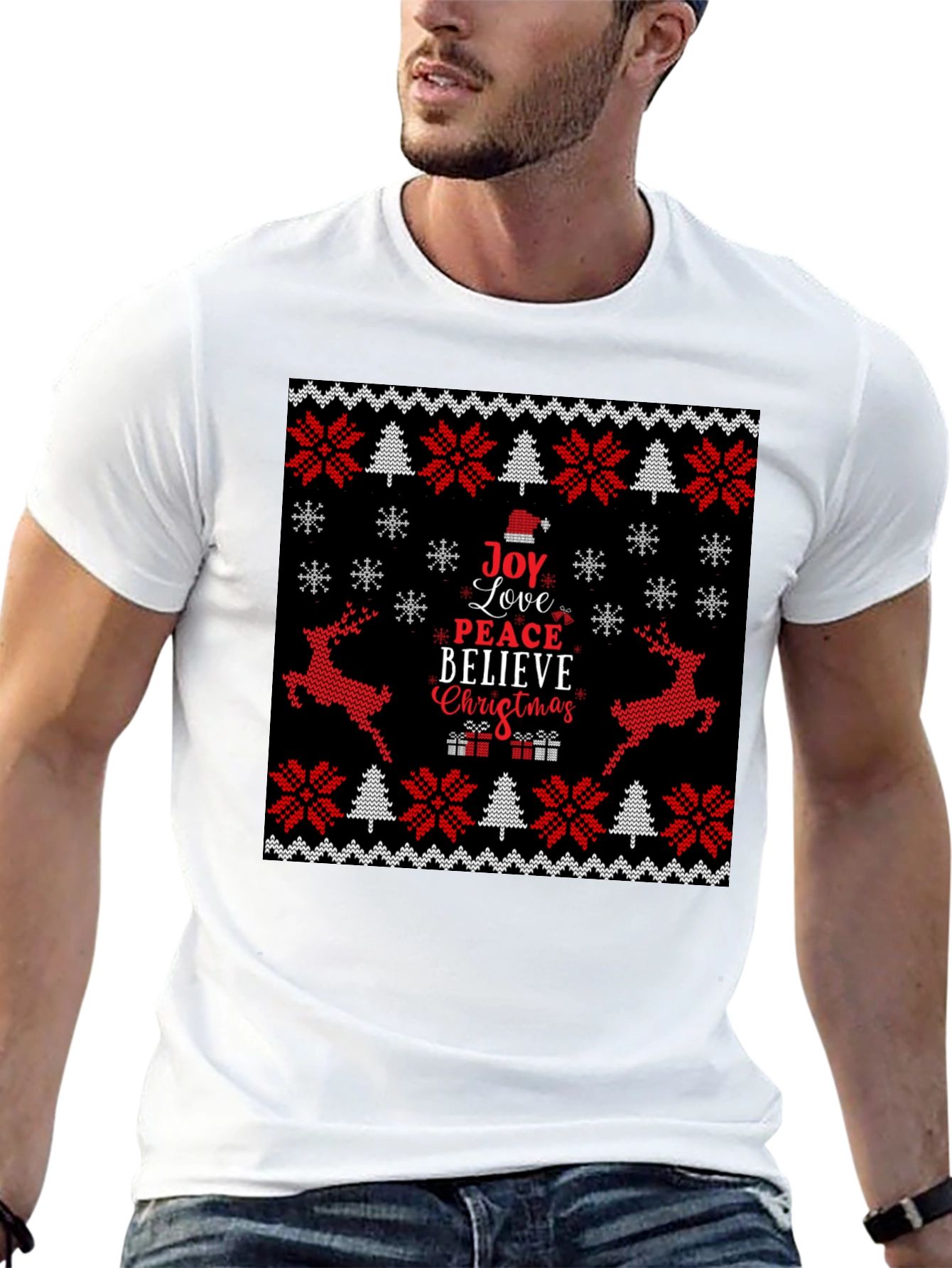 Joy Love Peace Christmas Black Crew Neck T-Shirt