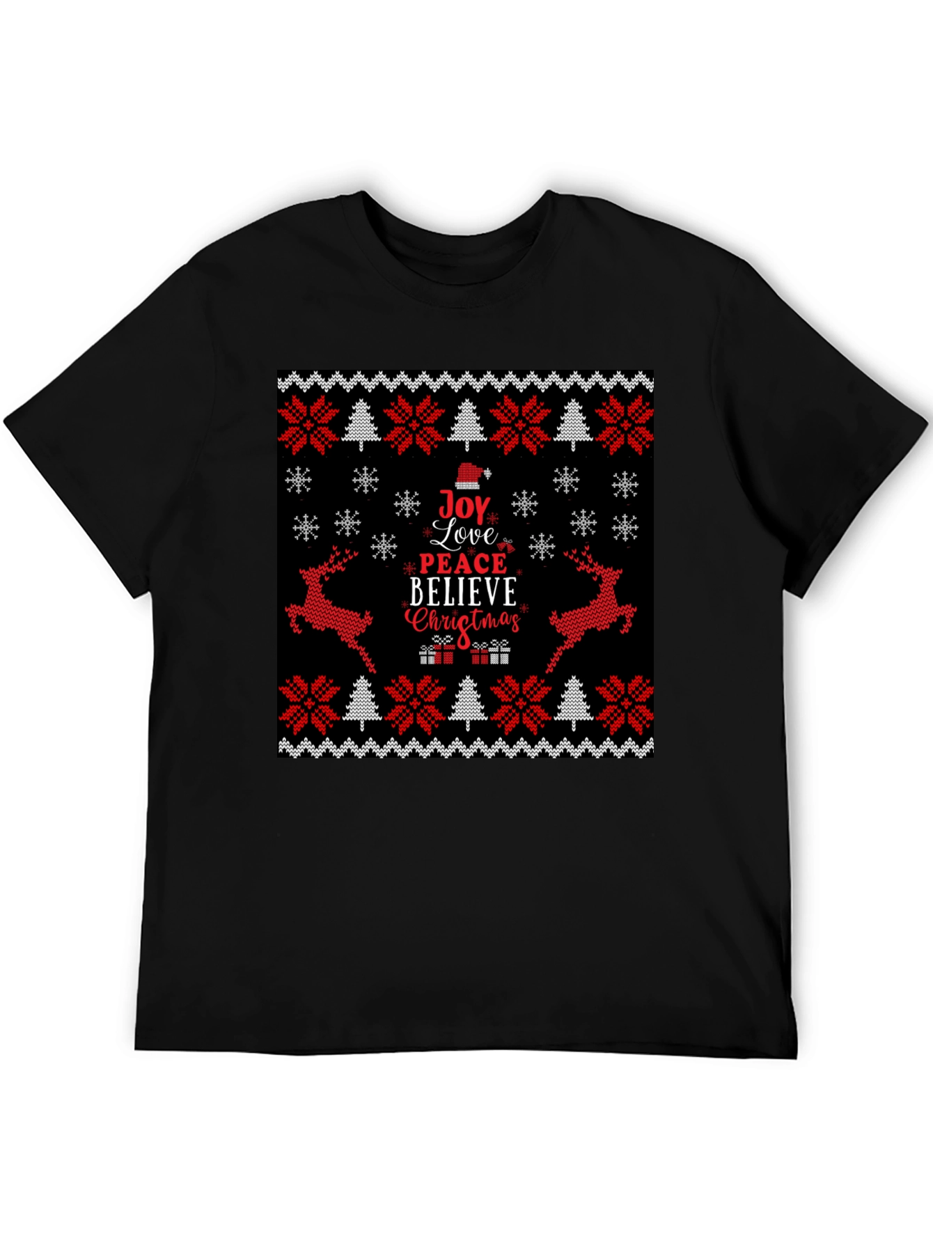 Joy Love Peace Christmas Black Crew Neck T-Shirt