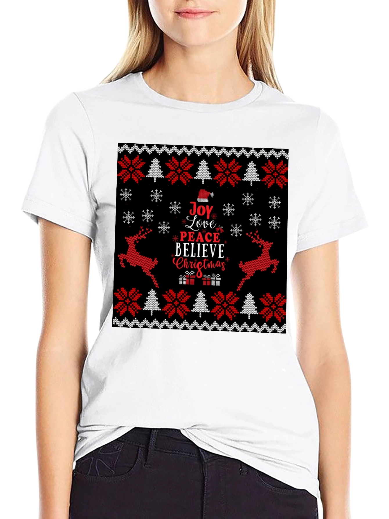 Joy Love Peace Christmas Black Crew Neck T-Shirt