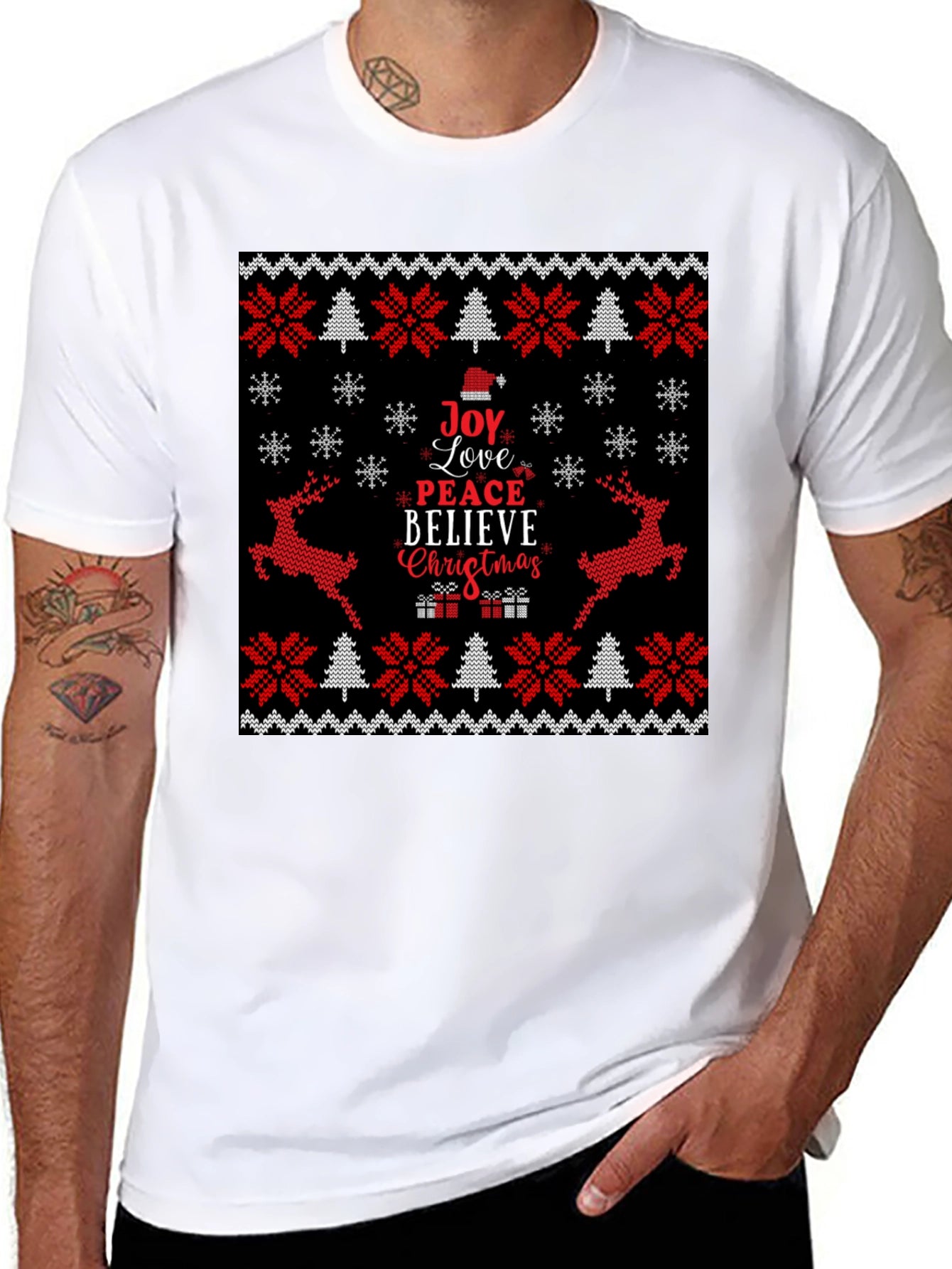 Joy Love Peace Christmas Black Crew Neck T-Shirt