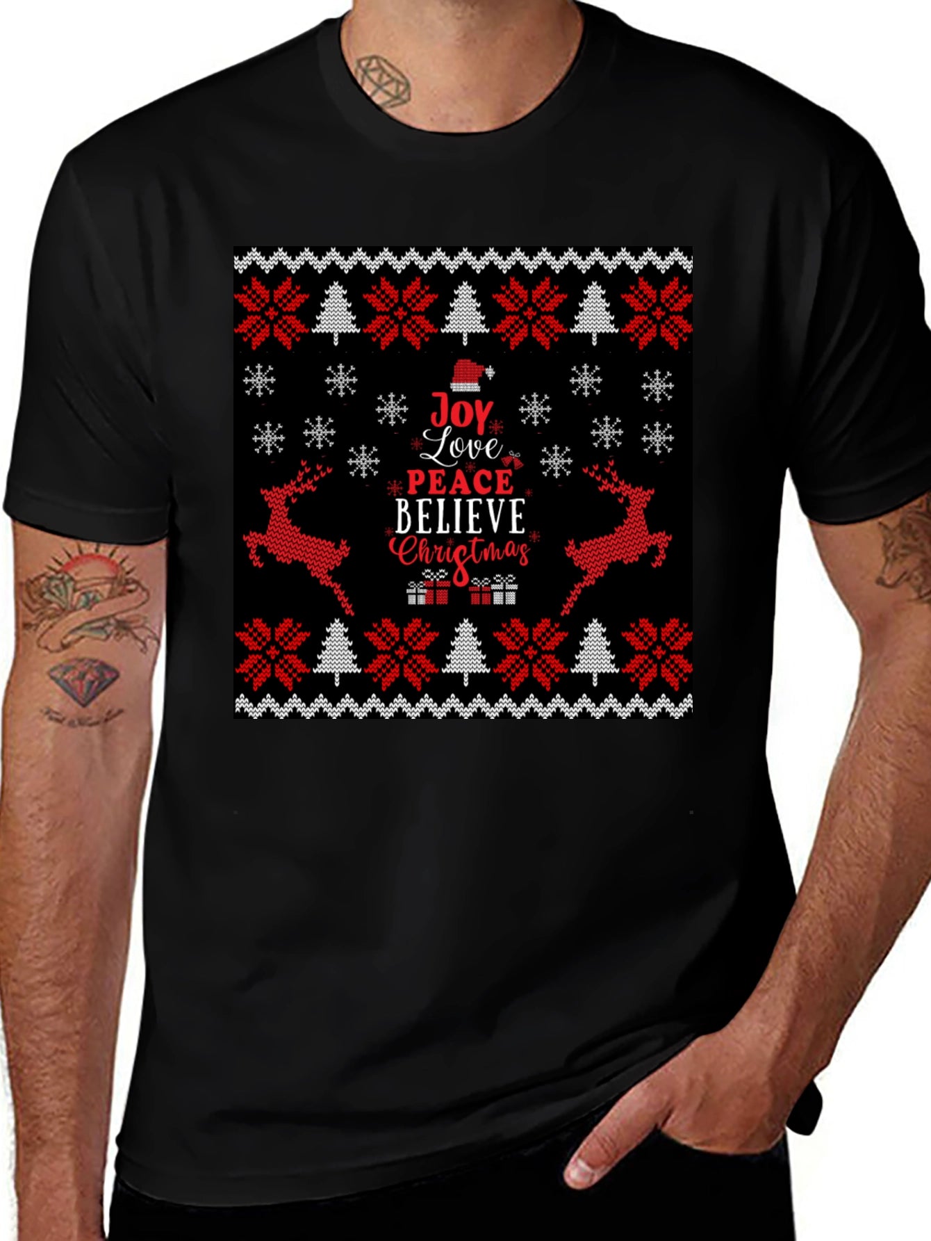 Joy Love Peace Christmas Black Crew Neck T-Shirt