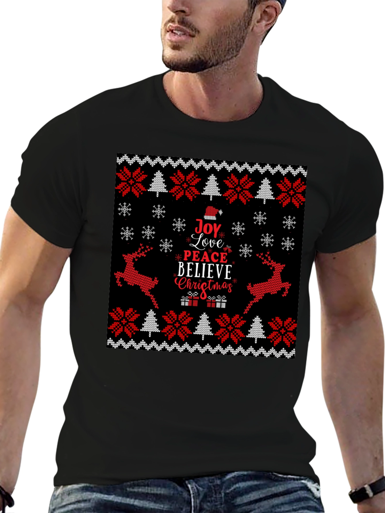 Joy Love Peace Christmas Black Crew Neck T-Shirt