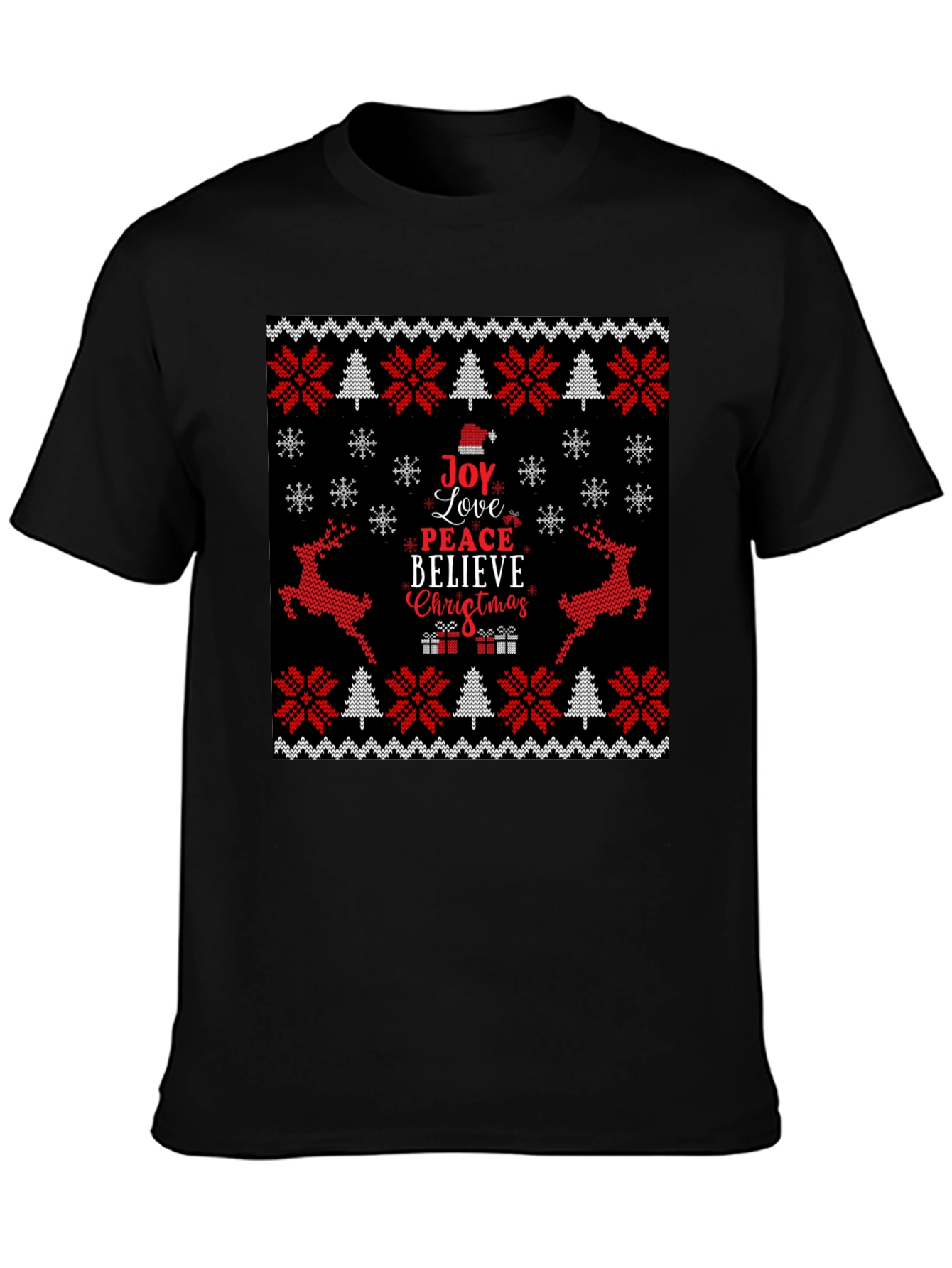 Joy Love Peace Christmas Black Crew Neck T-Shirt