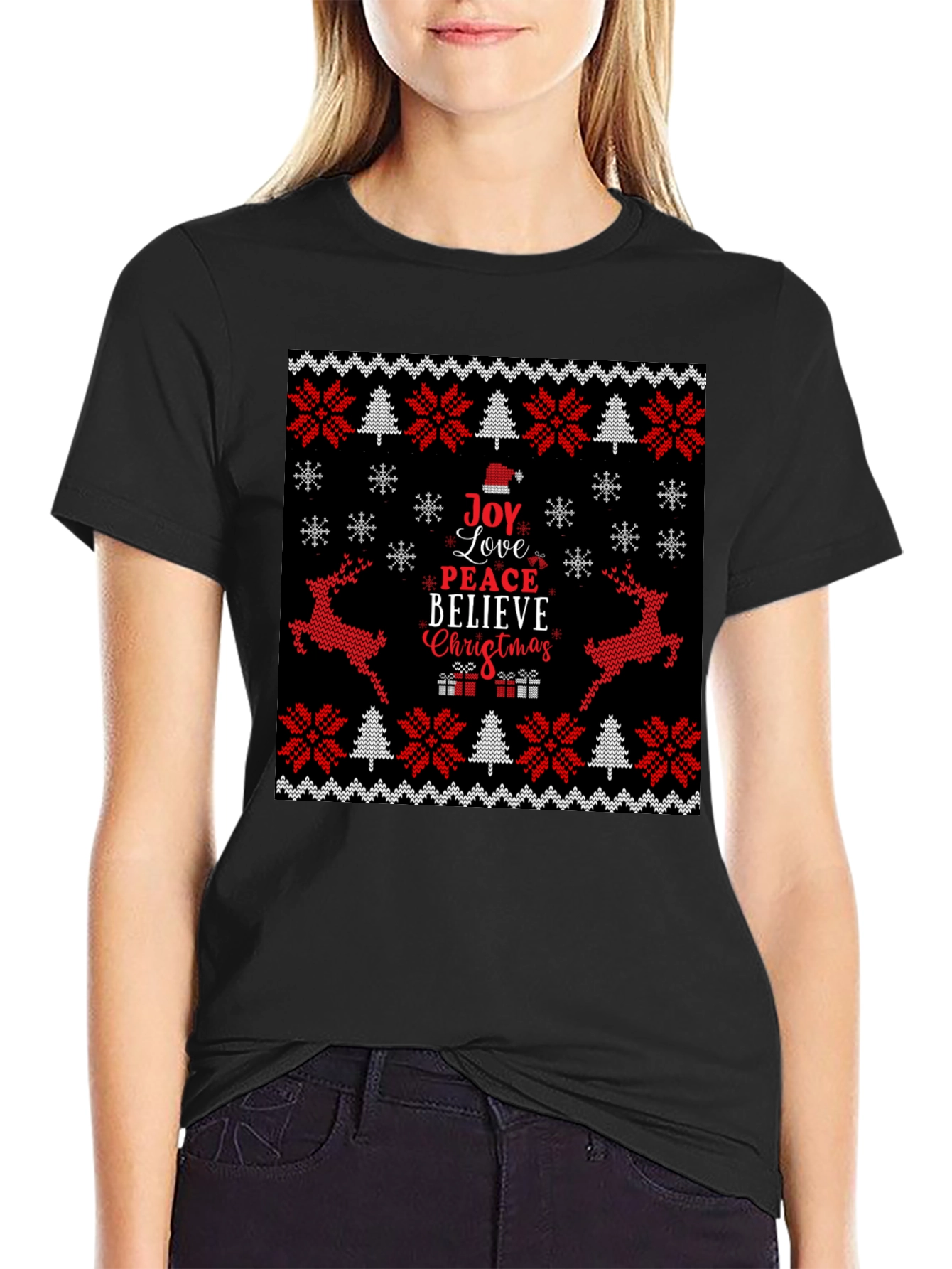 Joy Love Peace Christmas Black Crew Neck T-Shirt