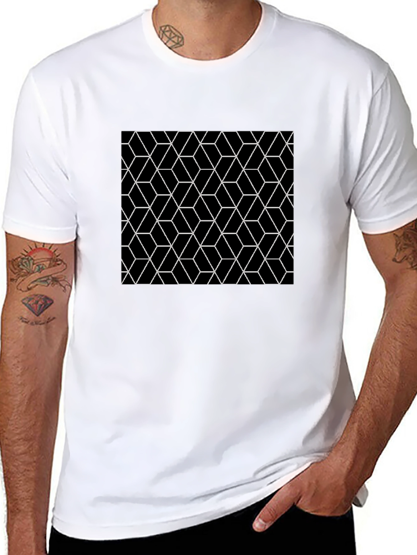 Geometric Cube Pattern Black T-Shirt