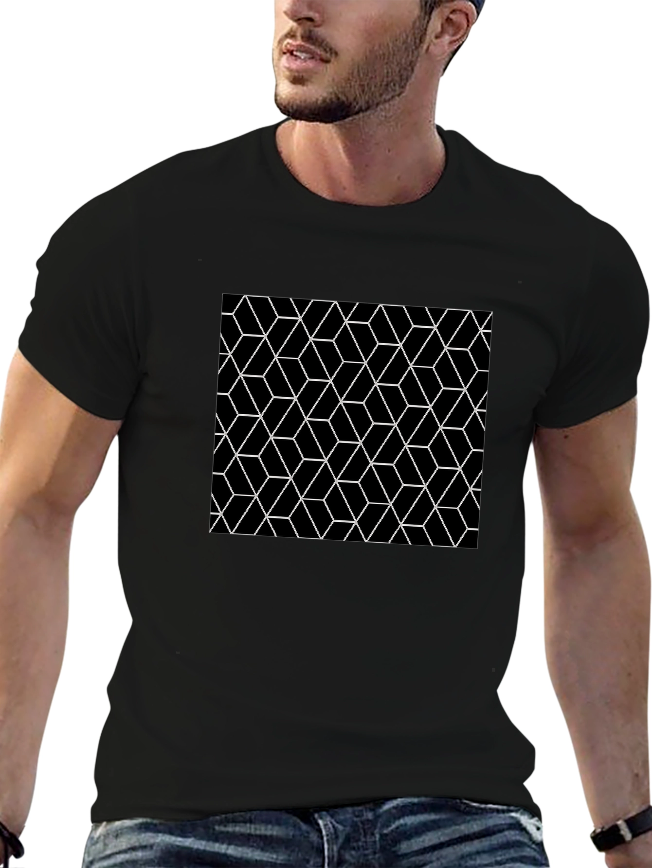 Geometric Cube Pattern Black T-Shirt