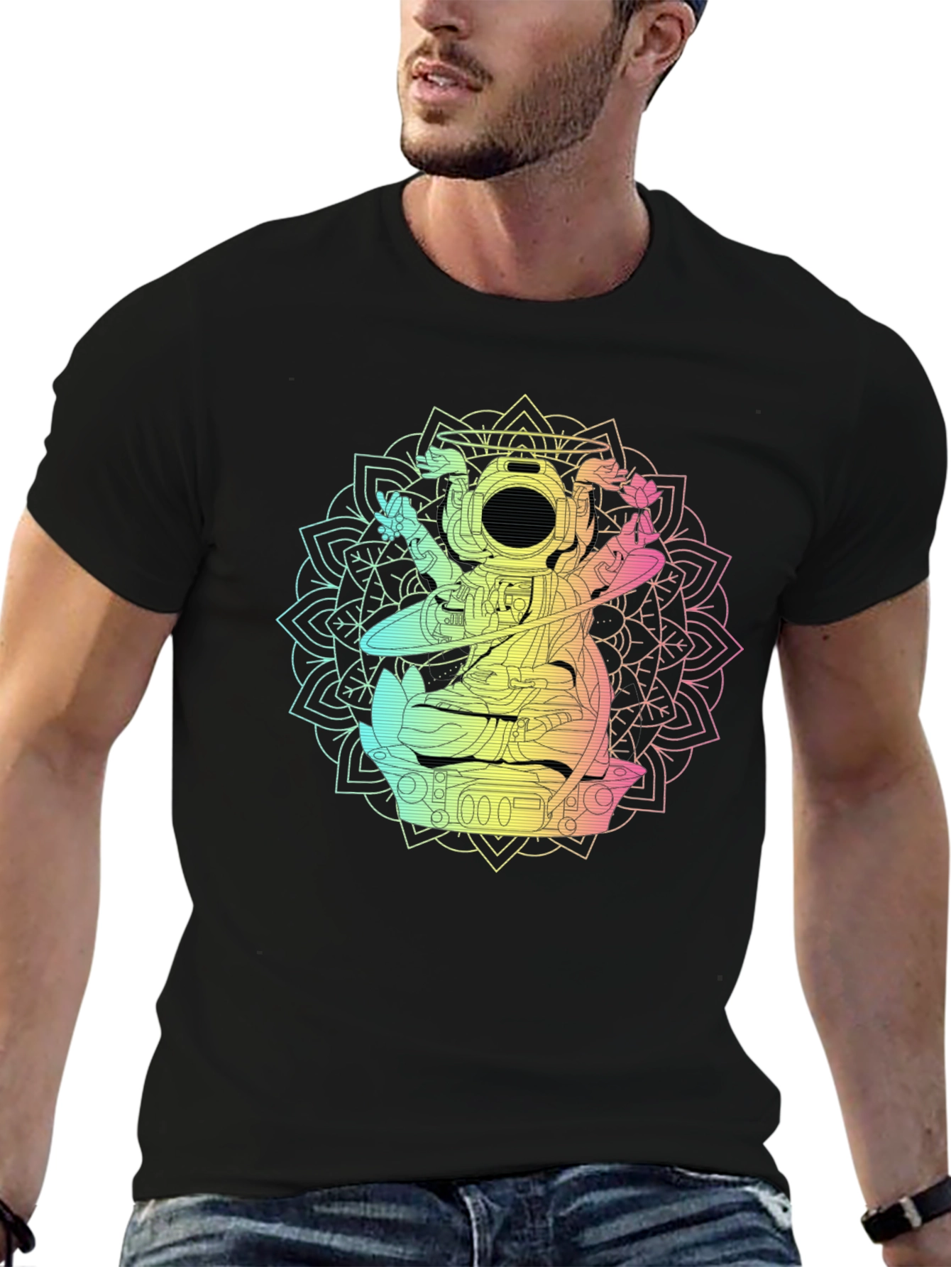 Astronaut Mandala Graphic T-Shirt - Black