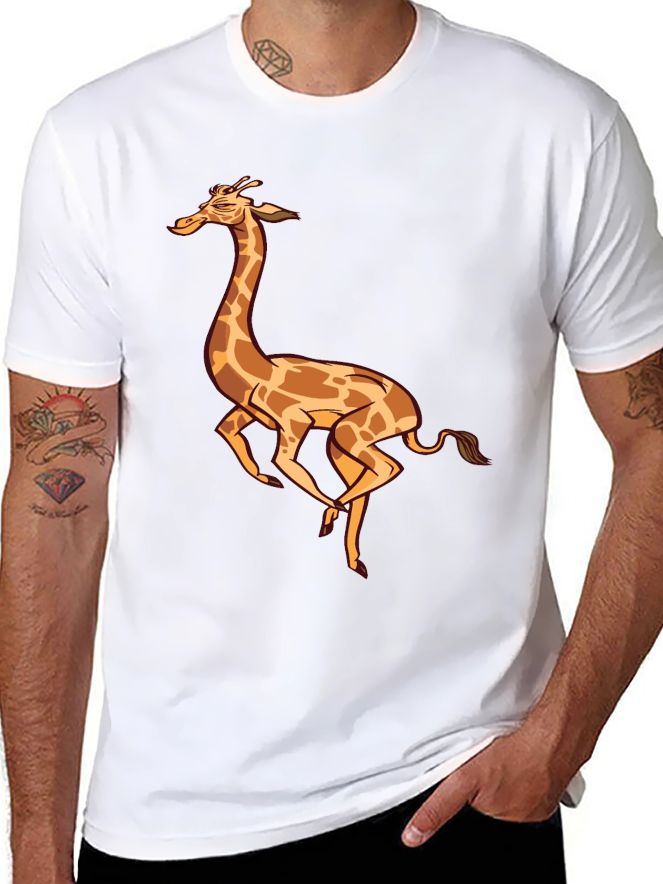 Cartoon Giraffe Graphic Tee - Black Cotton T-Shirt