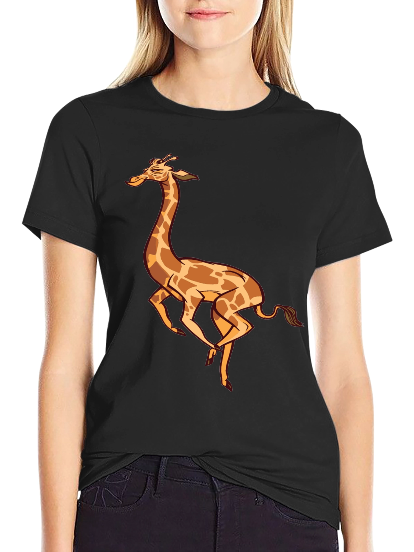 Cartoon Giraffe Graphic Tee - Black Cotton T-Shirt
