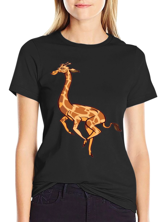 Cartoon Giraffe Graphic Tee - Black Cotton T-Shirt