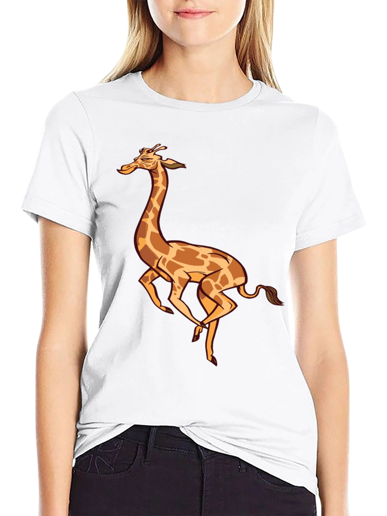 Cartoon Giraffe Graphic Tee - Black Cotton T-Shirt