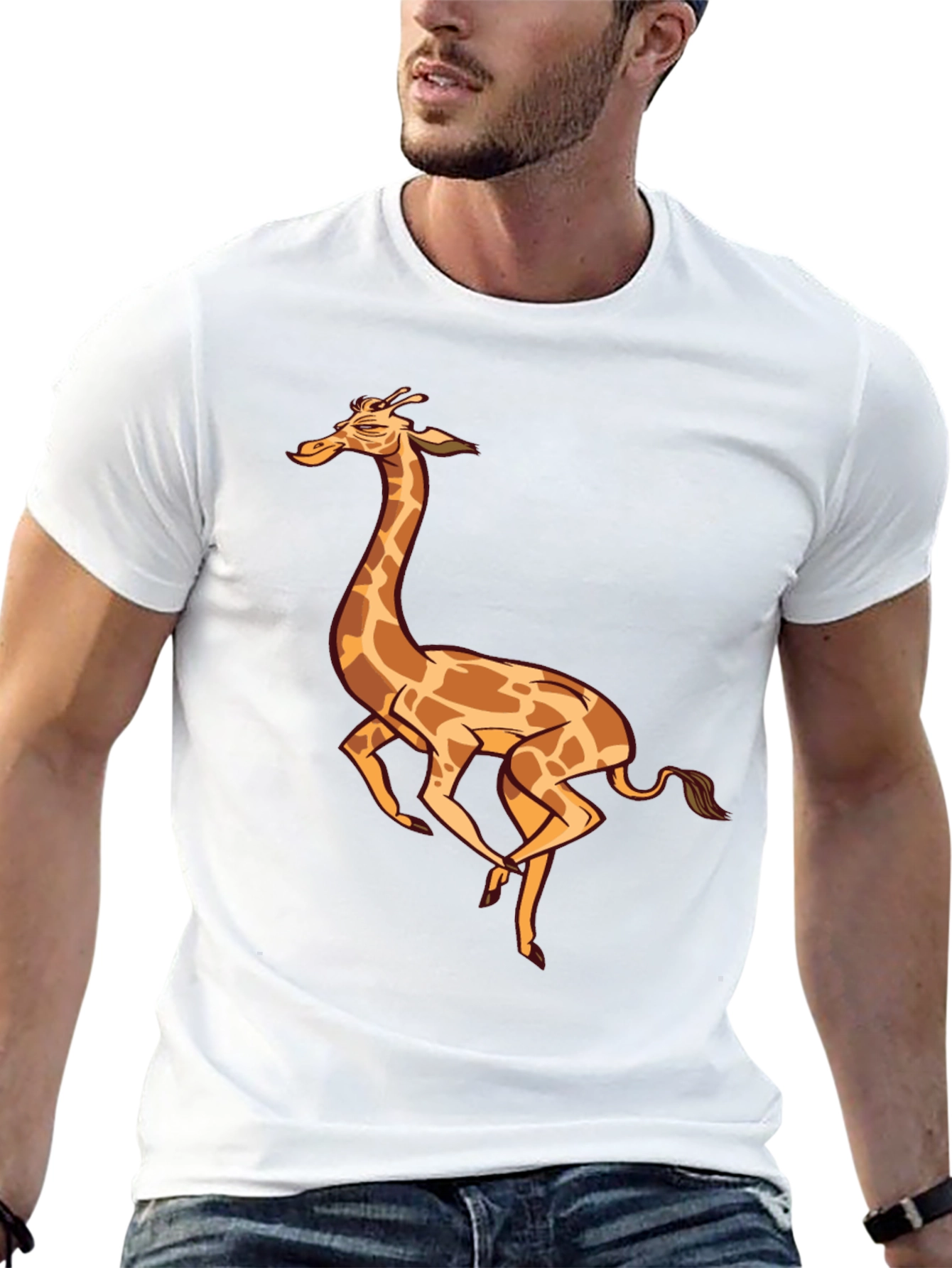 Cartoon Giraffe Graphic Tee - Black Cotton T-Shirt