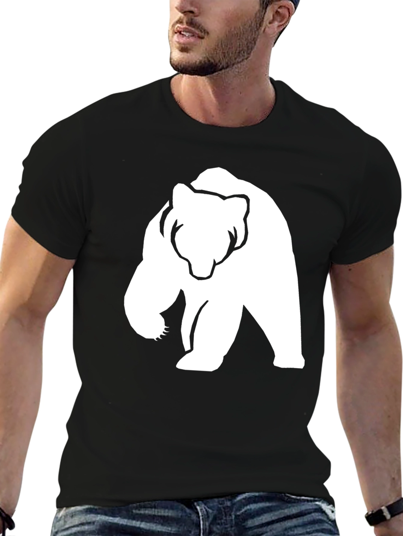 Bear Graphic Tee - Black Cotton Casual Shirt