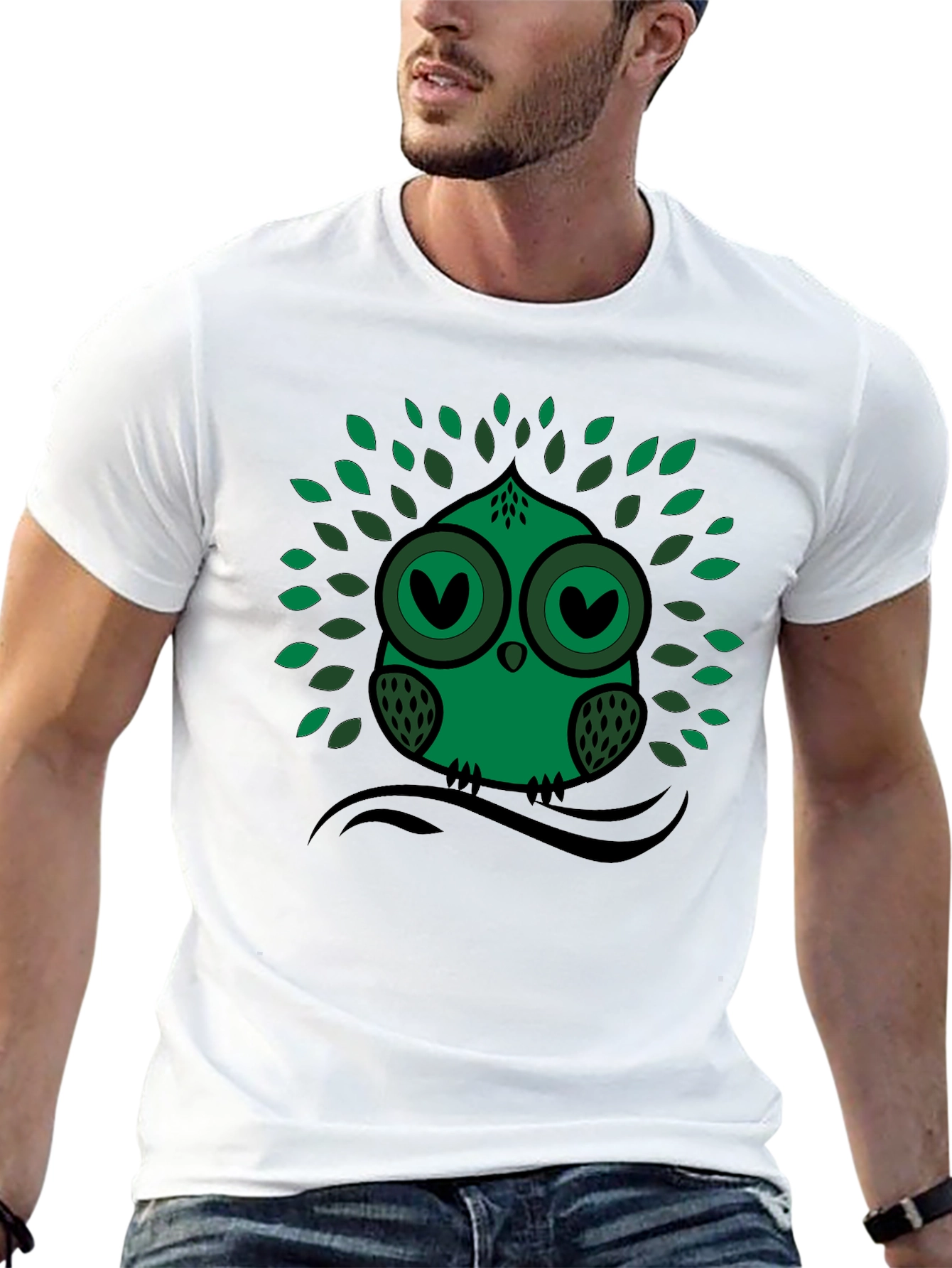 Green Owl Graphic Print Crew Neck Tee