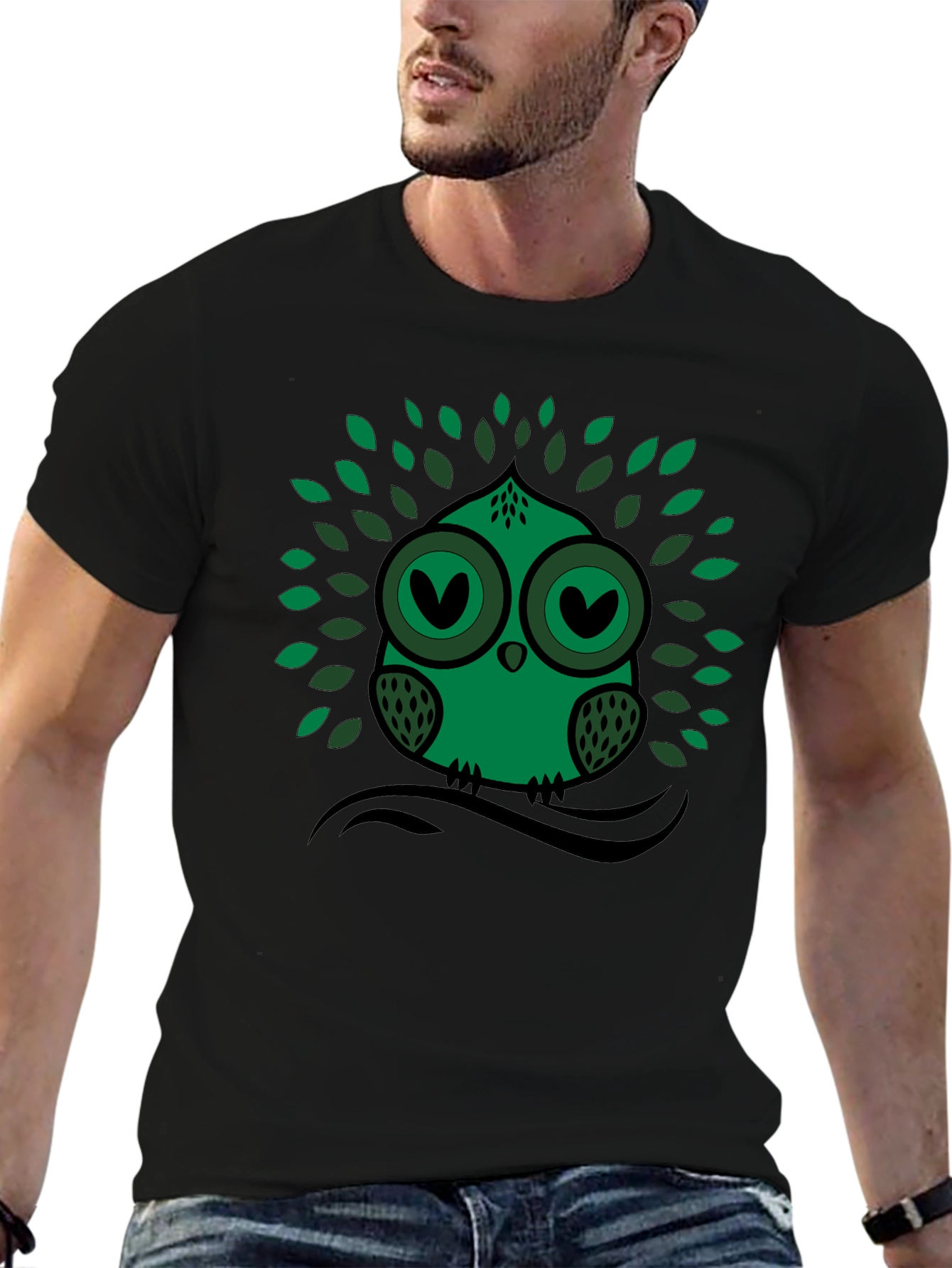 Green Owl Graphic Print Crew Neck Tee