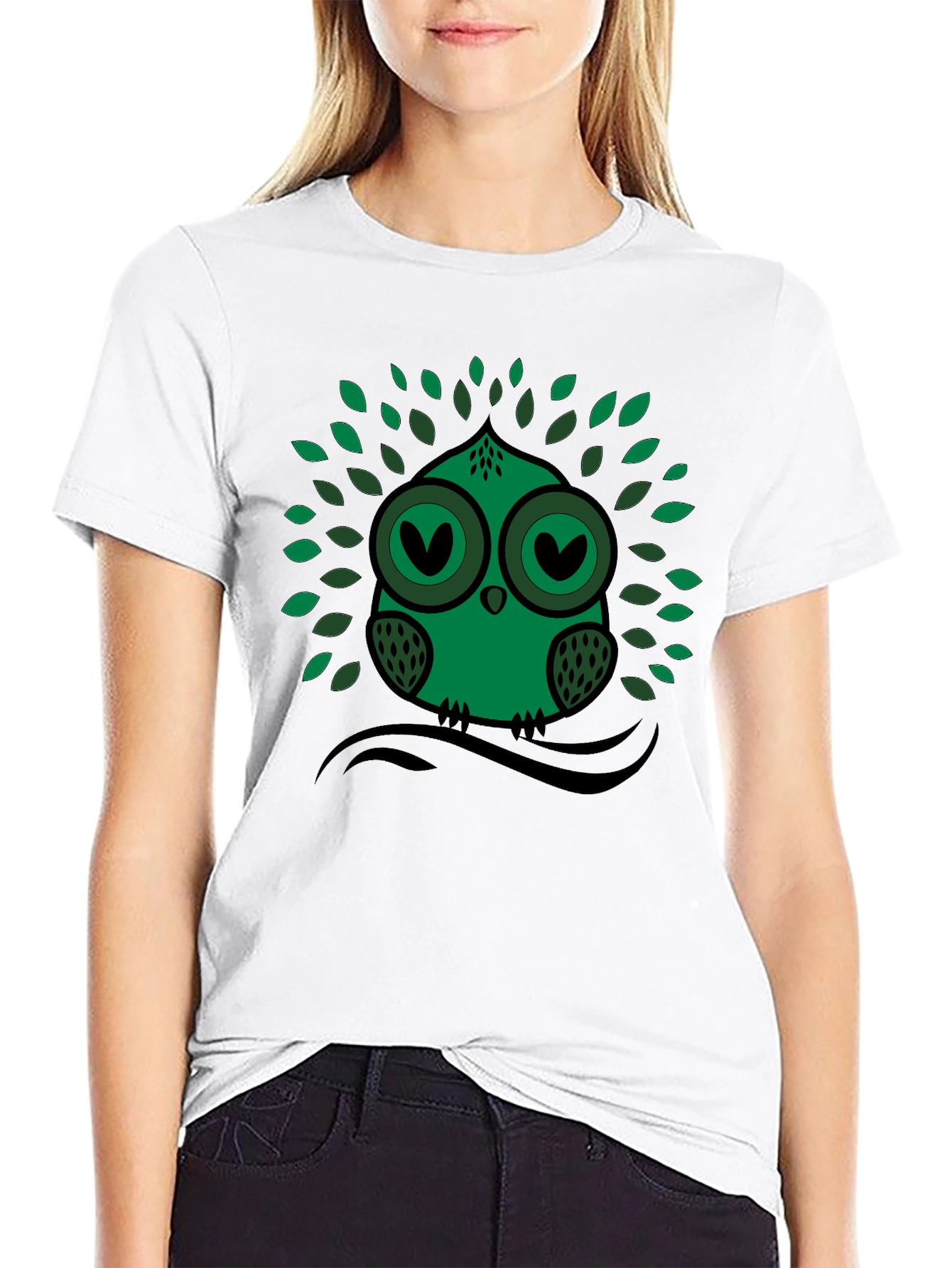 Green Owl Graphic Print Crew Neck Tee