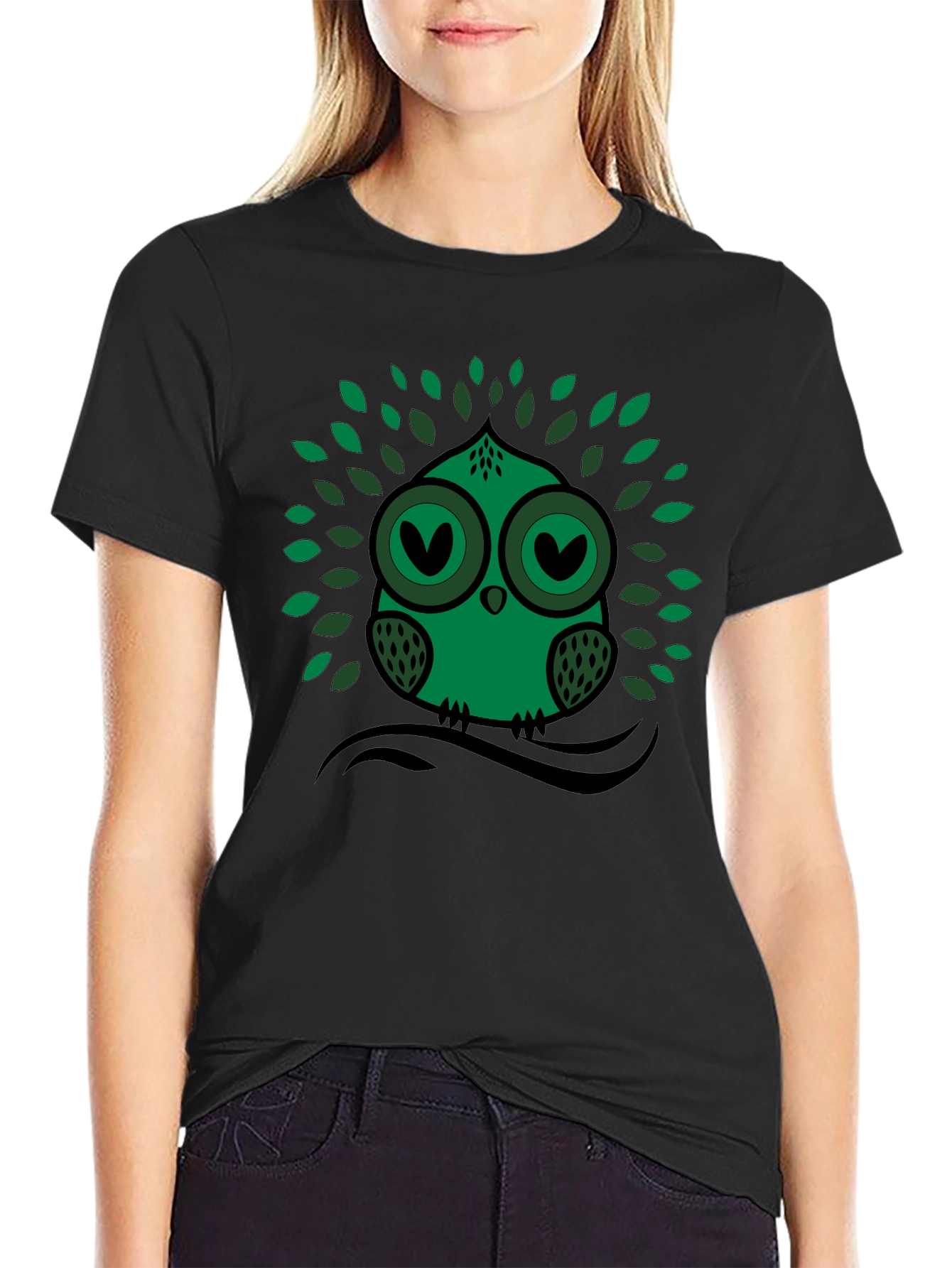 Green Owl Graphic Print Crew Neck Tee