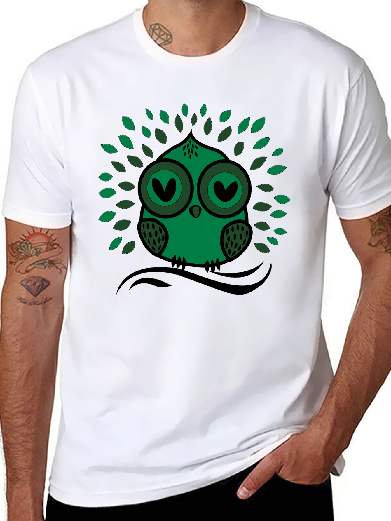 Green Owl Graphic Print Crew Neck Tee