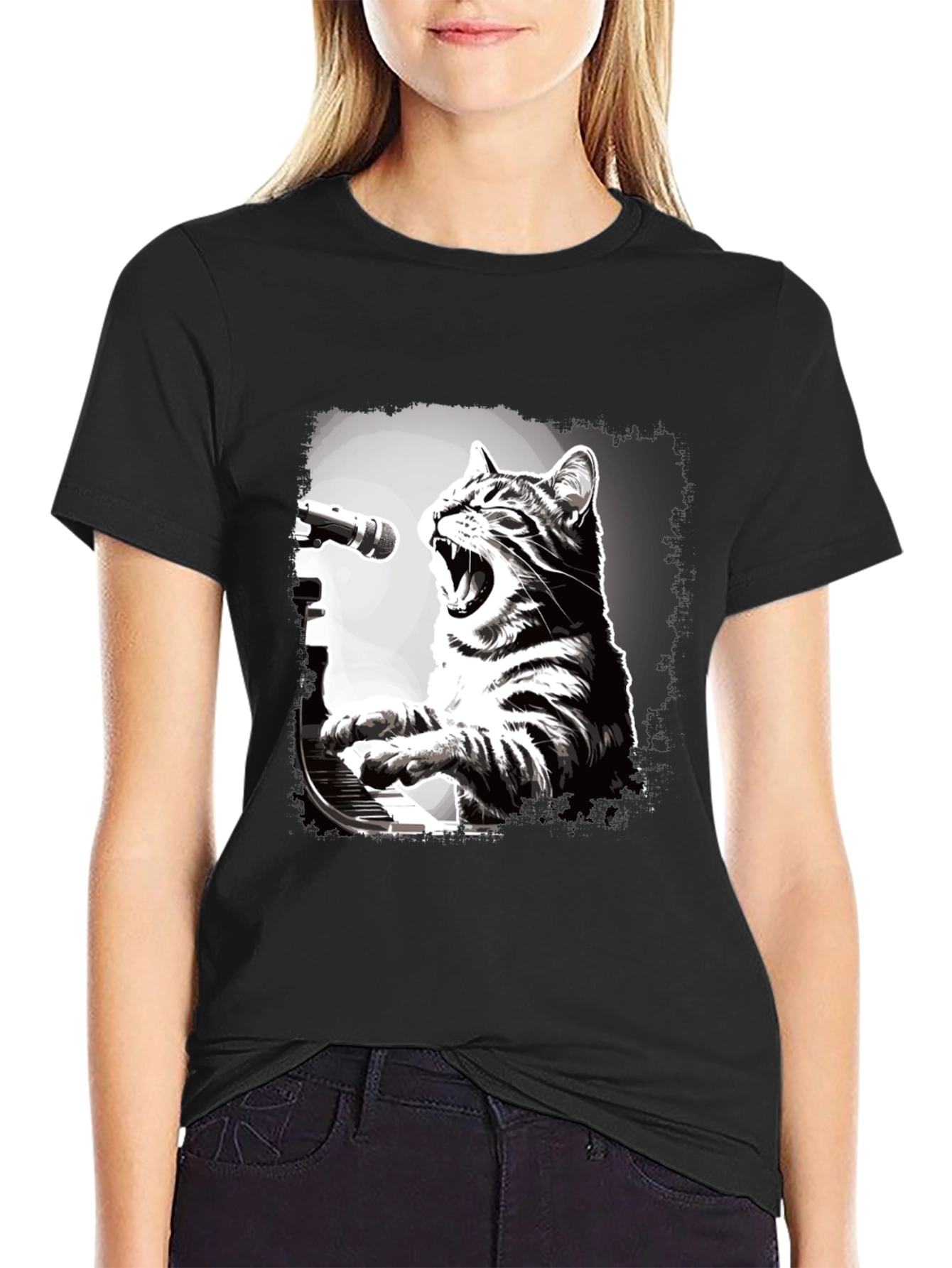 Cat Playing Piano T-Shirt - Unique Graphic Tee