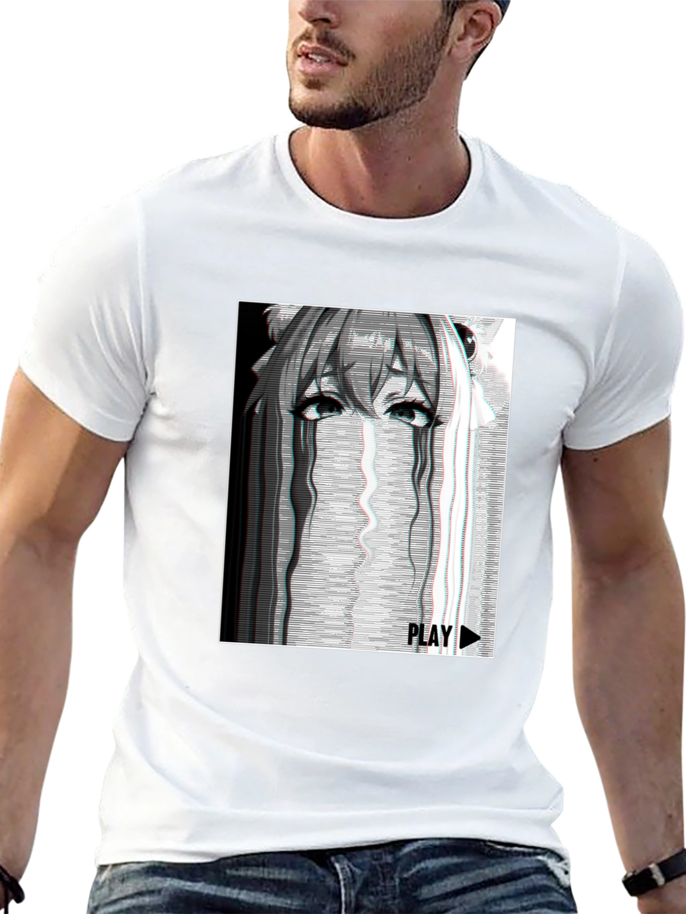 Anime Glitch Art Graphic T-Shirt - Black Cotton Tee