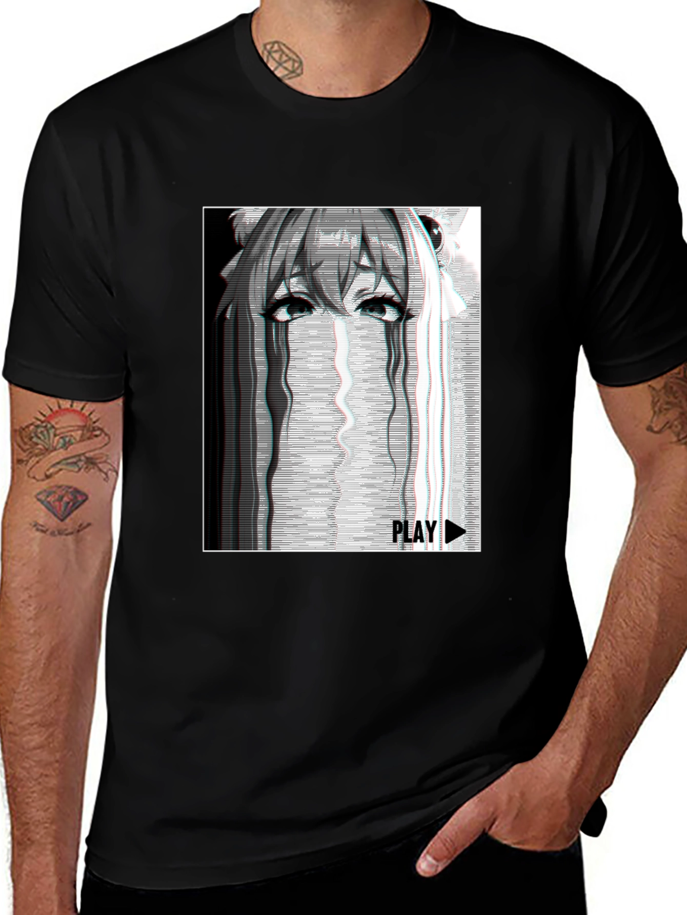 Anime Glitch Art Graphic T-Shirt - Black Cotton Tee