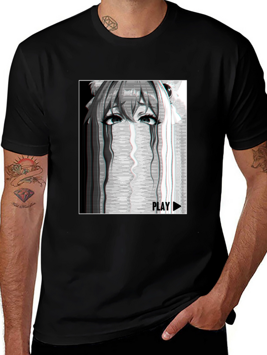 Anime Glitch Art Graphic T-Shirt - Black Cotton Tee