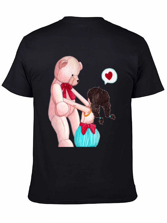 Cute Teddy Bear & Girl Black Graphic Tee