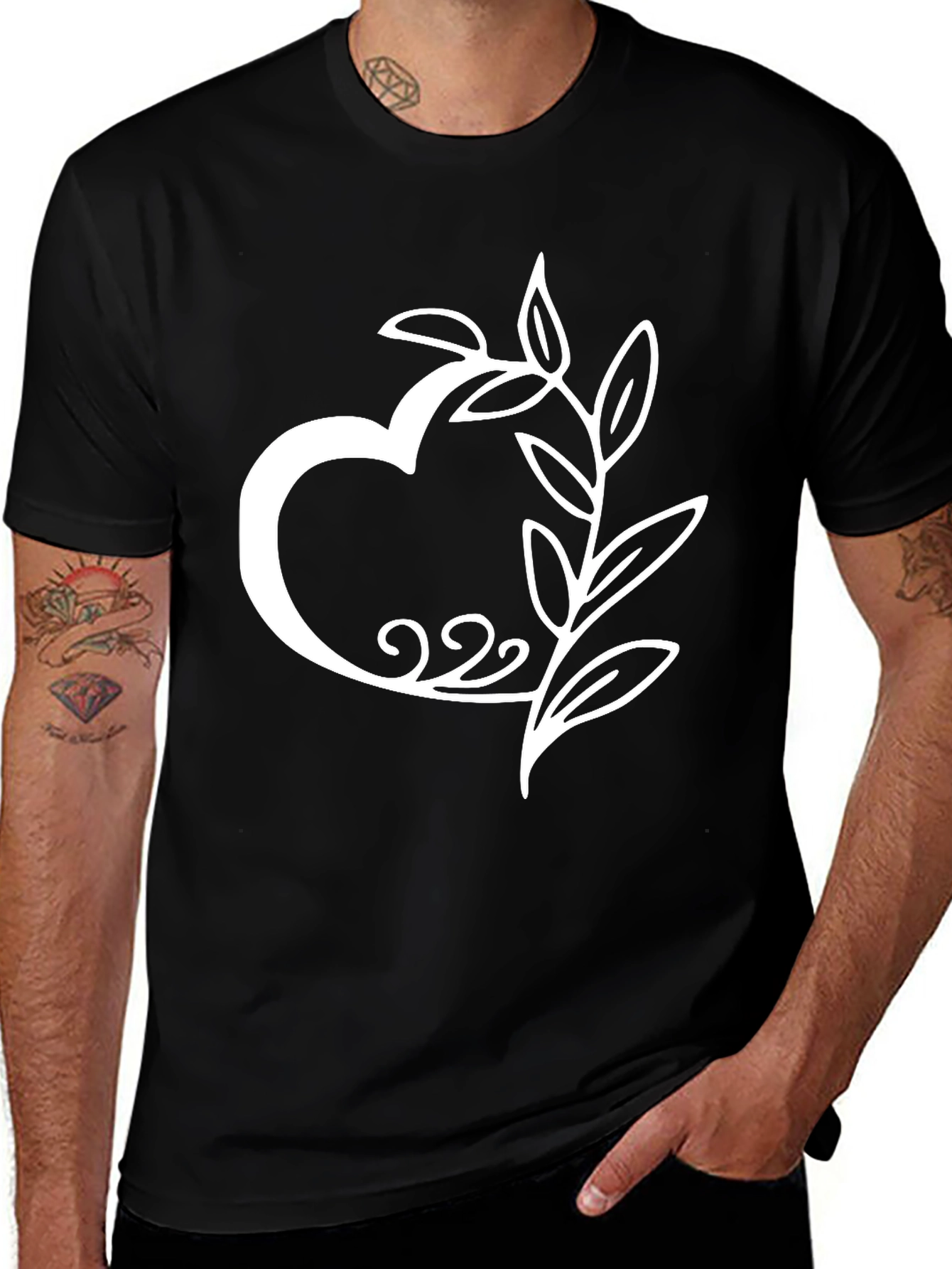 Heart & Leaves Graphic Tee - Stylish Black T-Shirt