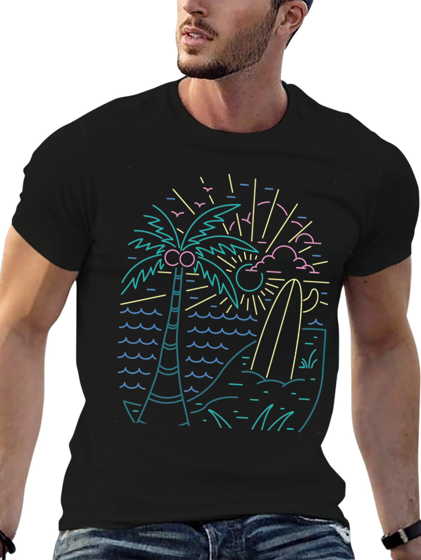 Retro Wave Graphic Tee - Black Cotton T-Shirt
