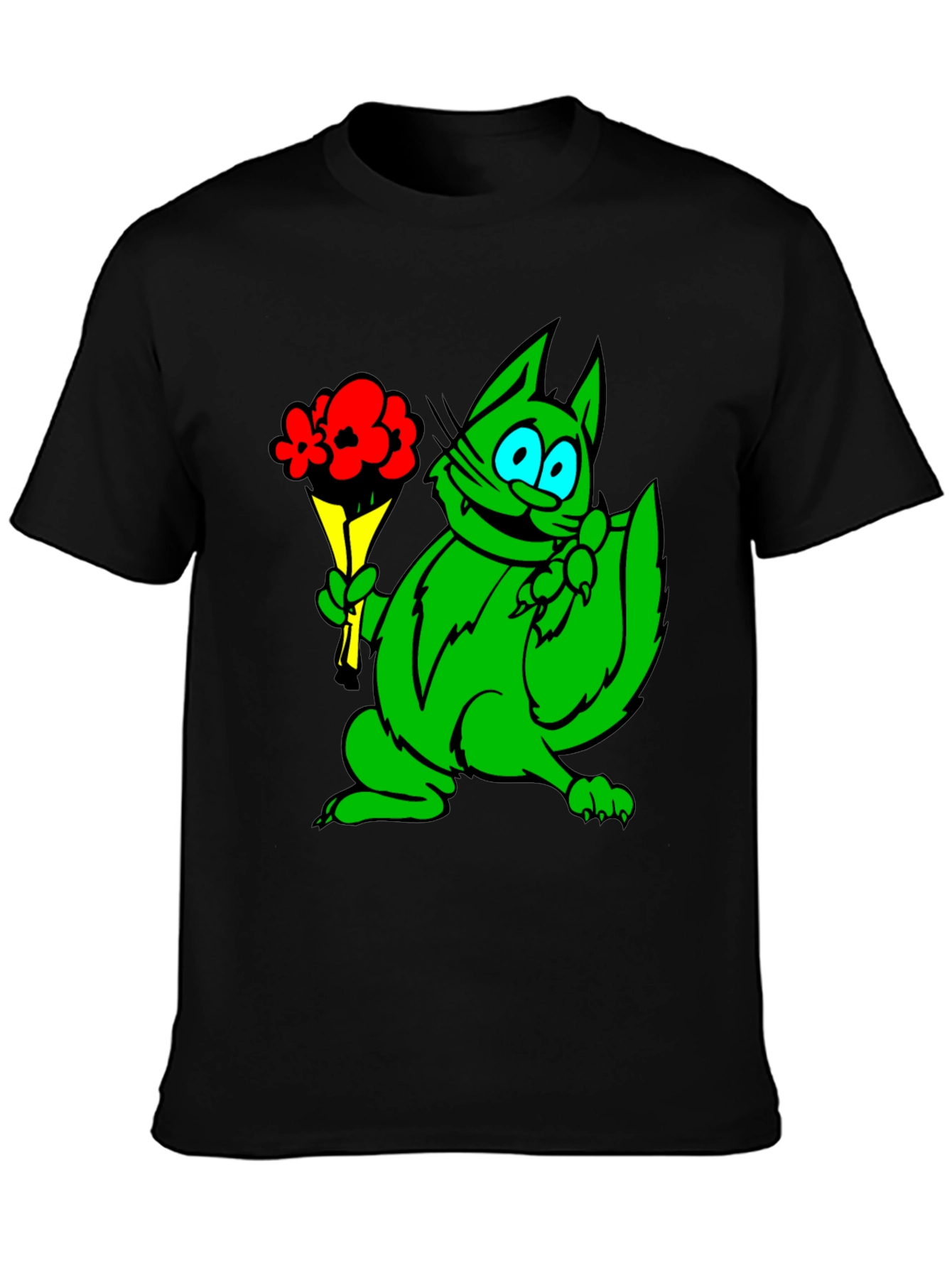 Green Cat Bouquet Black T-Shirt