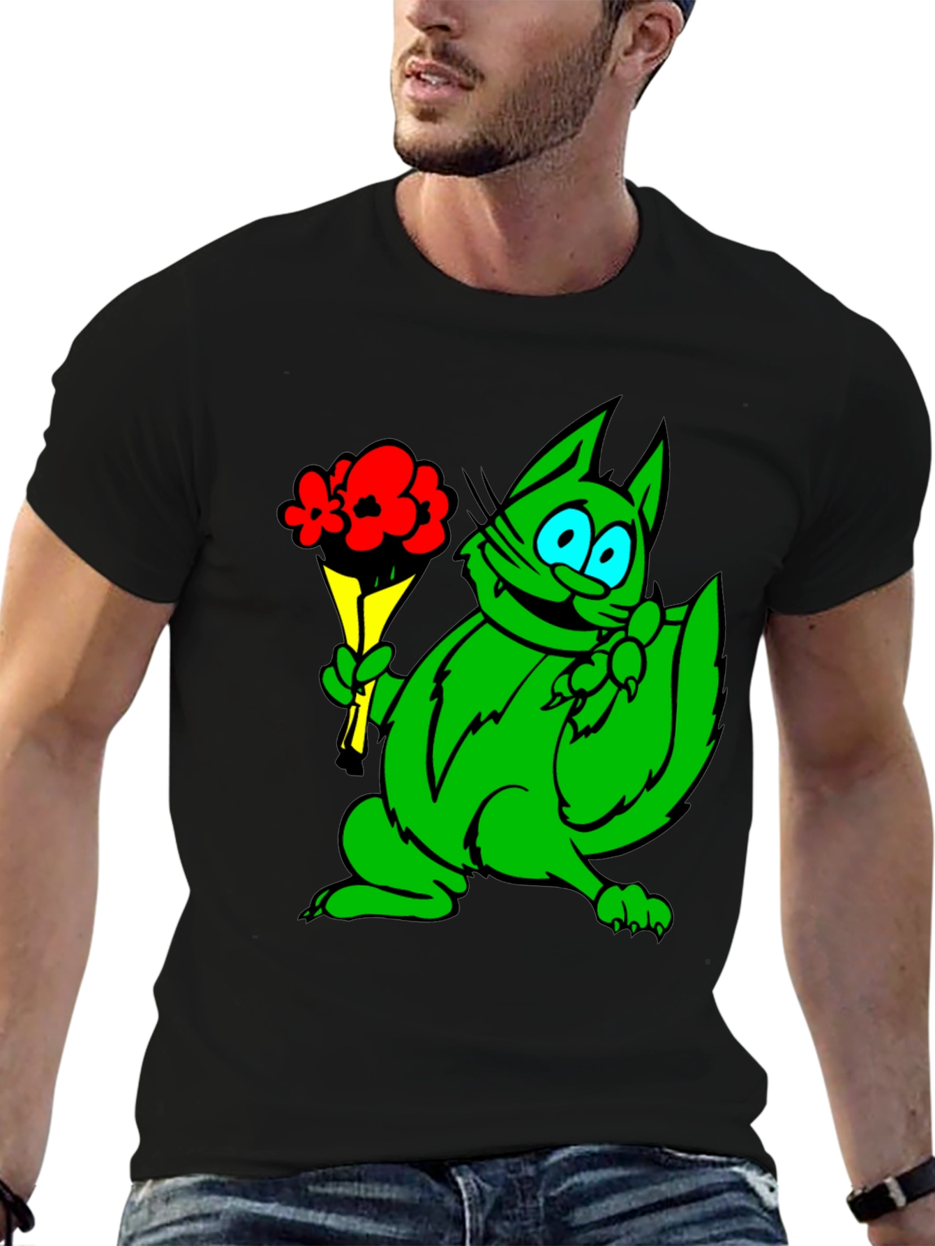 Green Cat Bouquet Black T-Shirt