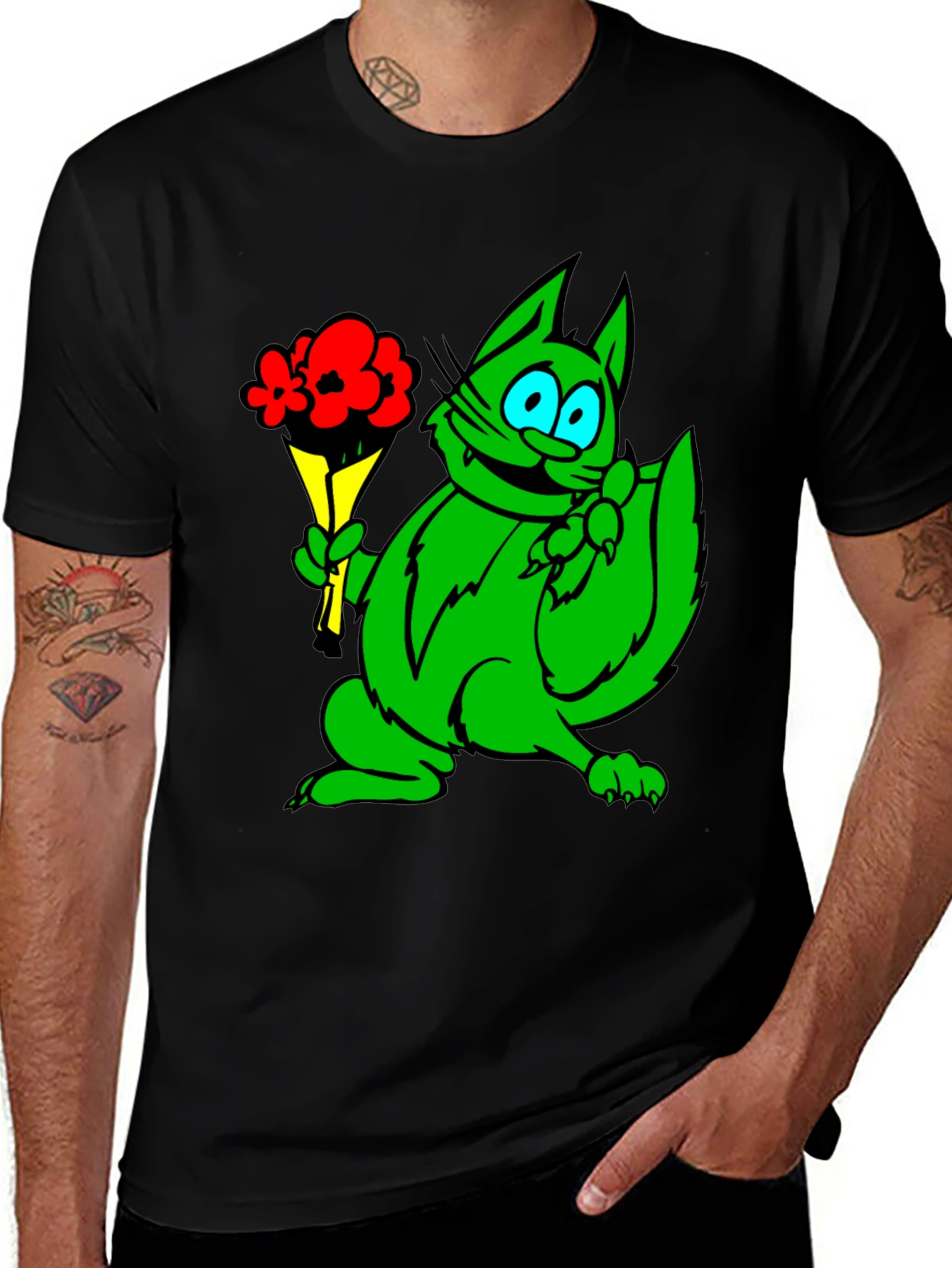 Green Cat Bouquet Black T-Shirt