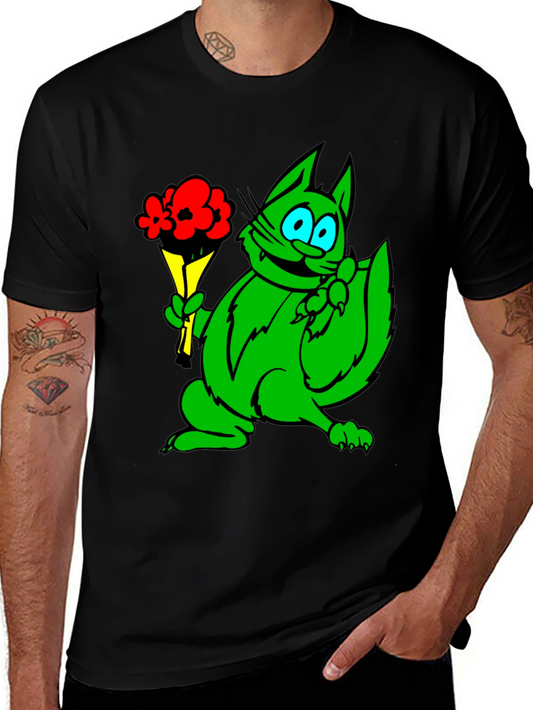 Green Cat Bouquet Black T-Shirt